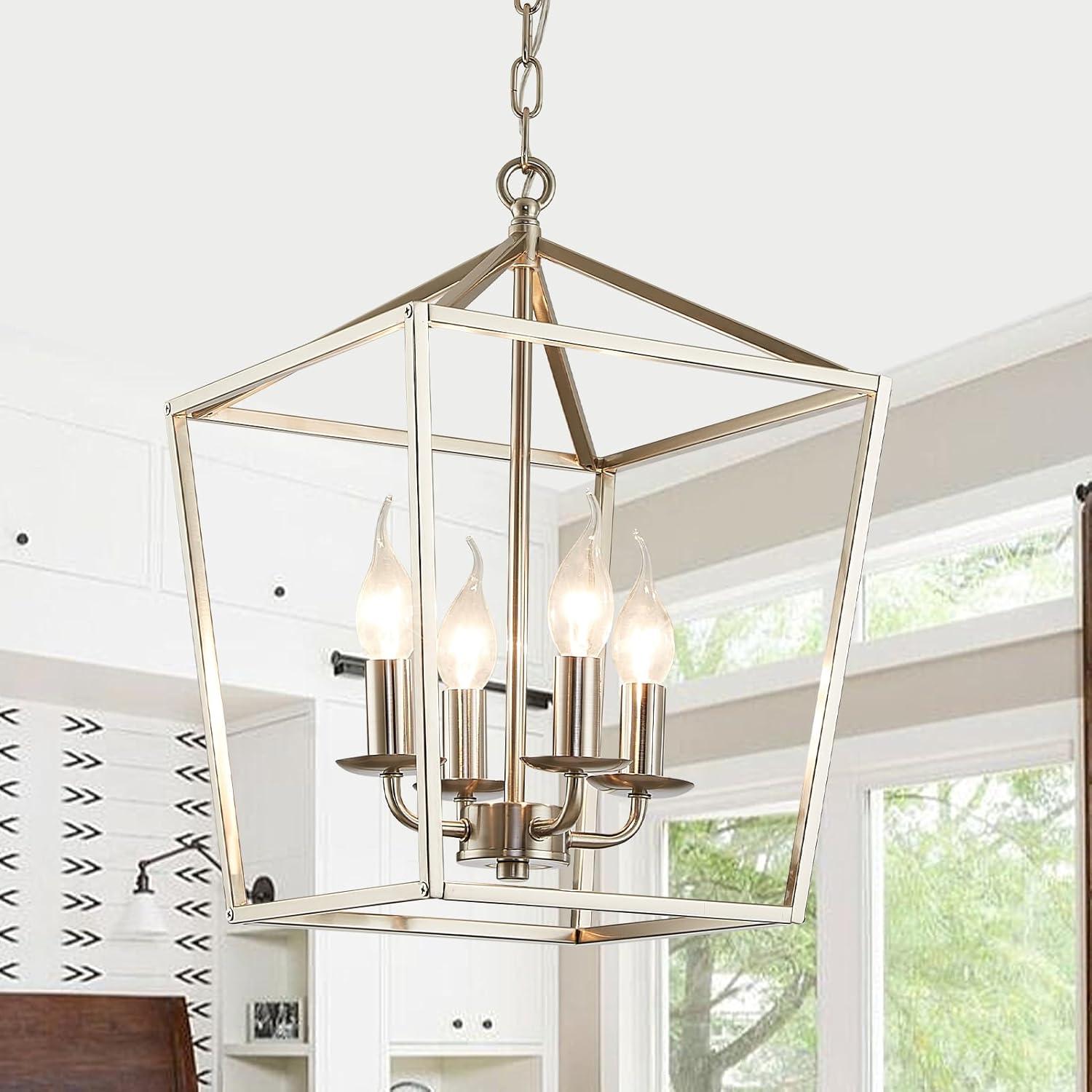 Brushed Nickel 4-Light Geometric Lantern Pendant Chandelier