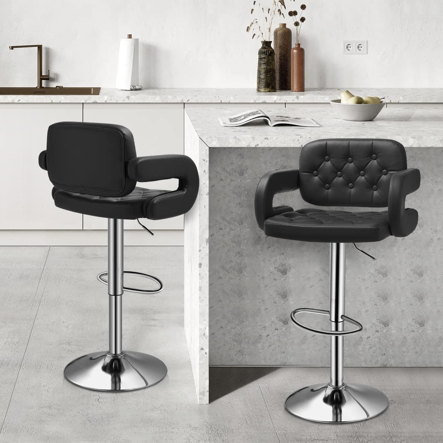 Altier Faux Leather Swivel Bar Stools, Adjustable Counter Height Barstools with Backrest and Armrest