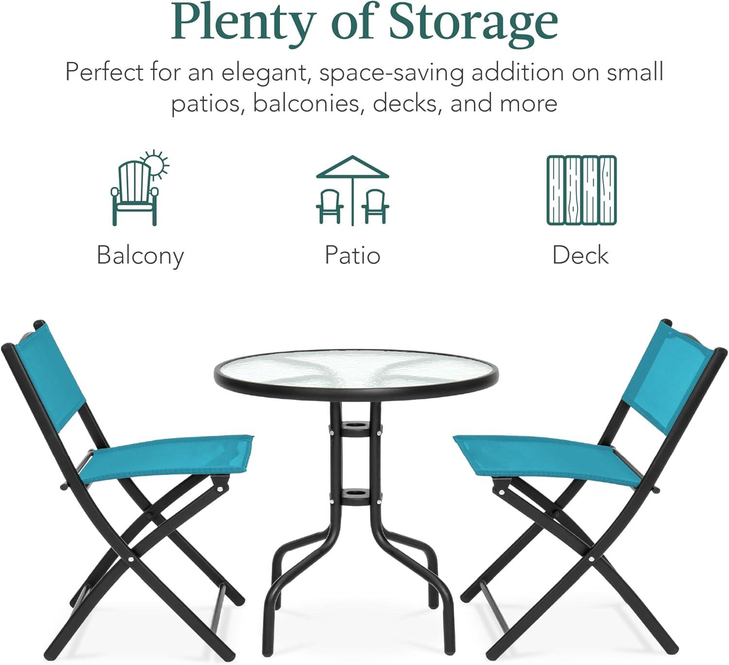 George Oliver 3-Piece Patio Bistro Dining Furniture Set W/ Glass Tabletop, Folding Chairs