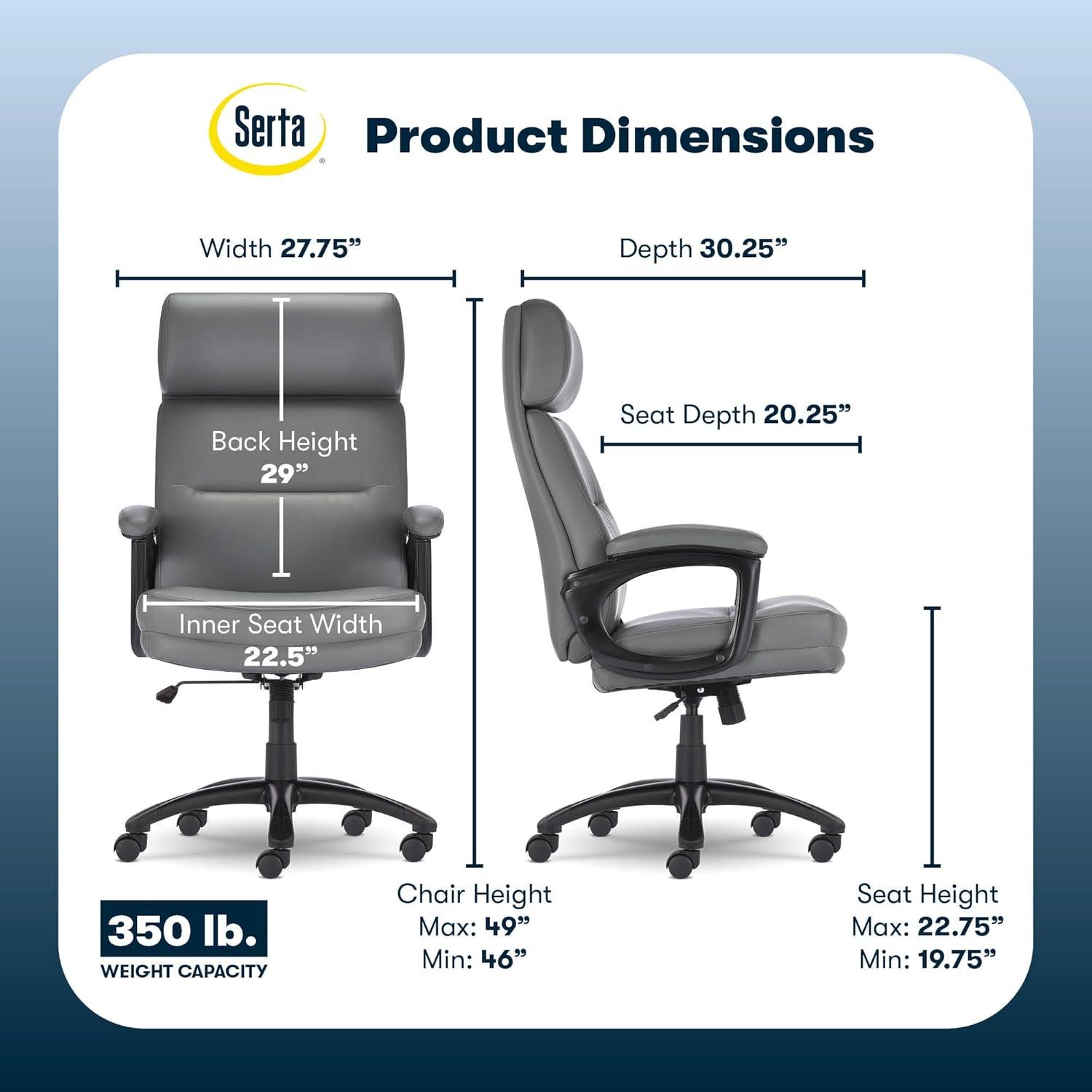 Serta Serta Comfort Executive Big & Tall Office Chair, Ergonomic High-Back, Semi Plush Seat, Padded Arms