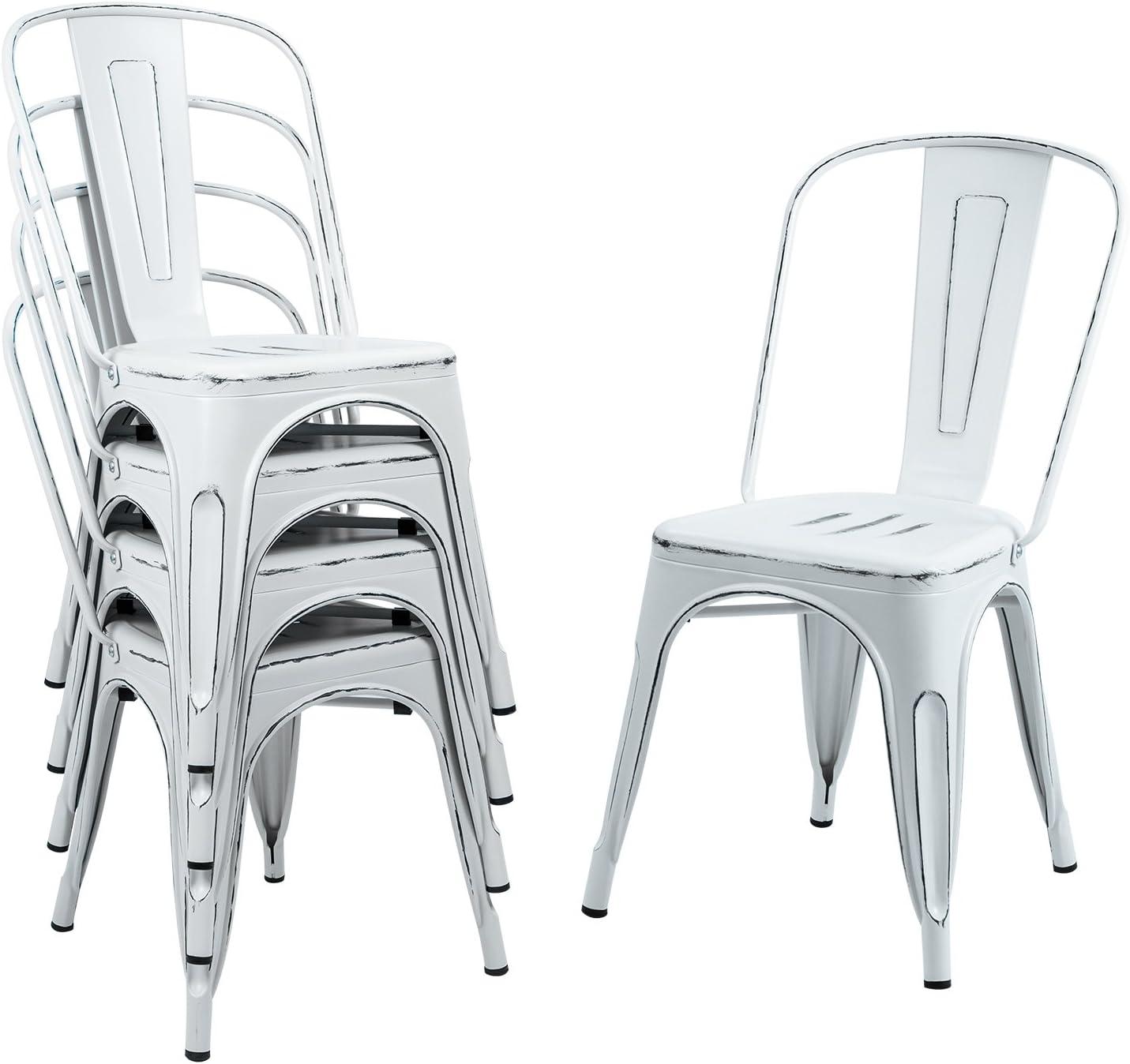 JUMMICO Metal Dining Chair Stackable Indoor Outdoor Industrial Vintage Chairs Bistro Kitchen Cafe Side Chairs with Back Set of 4 (Distressed White)