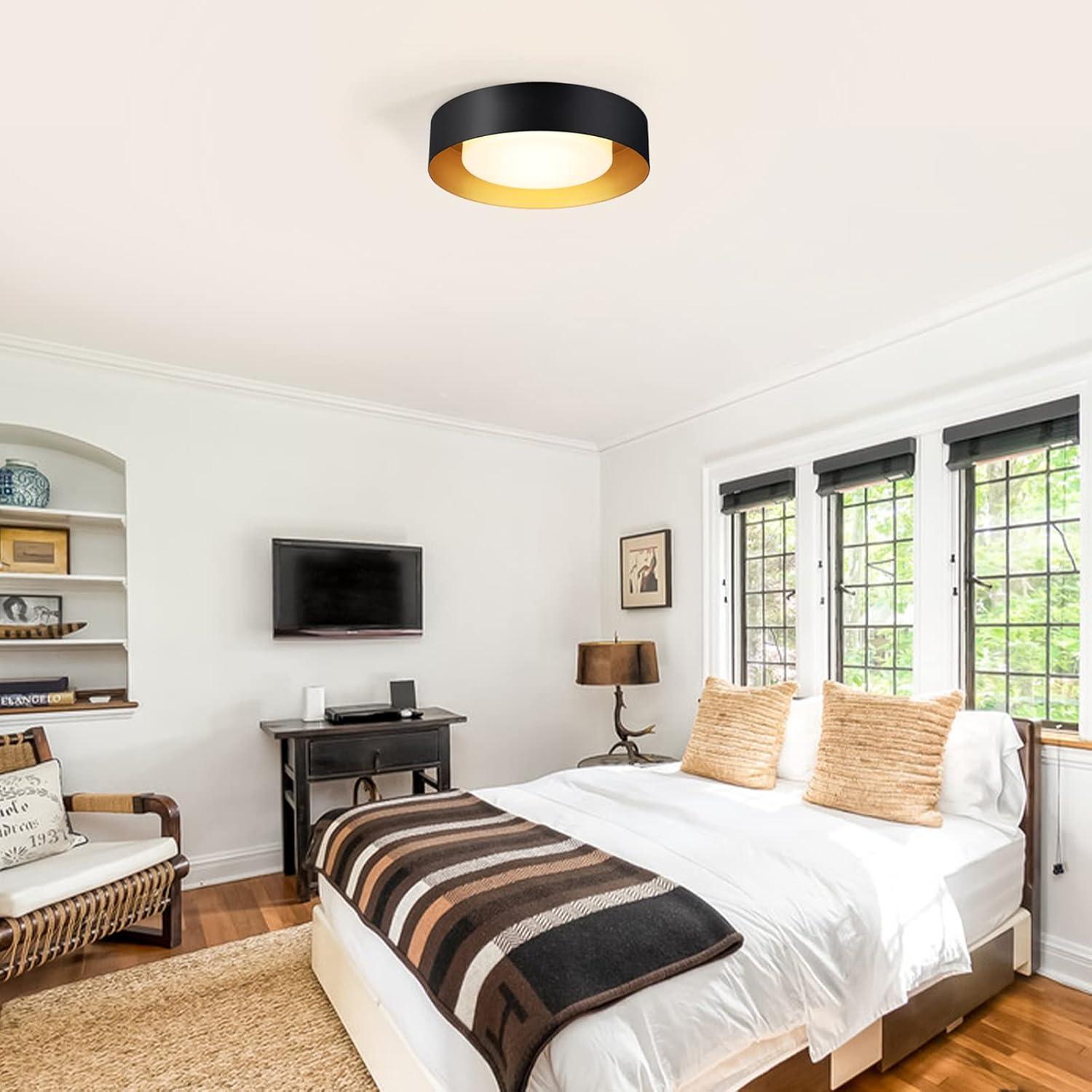 Modern Black and Gold Flush Mount Ceiling Lights, 16.5" Minimalist Glass Round Ceiling Lighting, Drum Close to Ceiling Light Fixtures for Living Room, Bedroom, Dining Room, Kitchen, Hallways