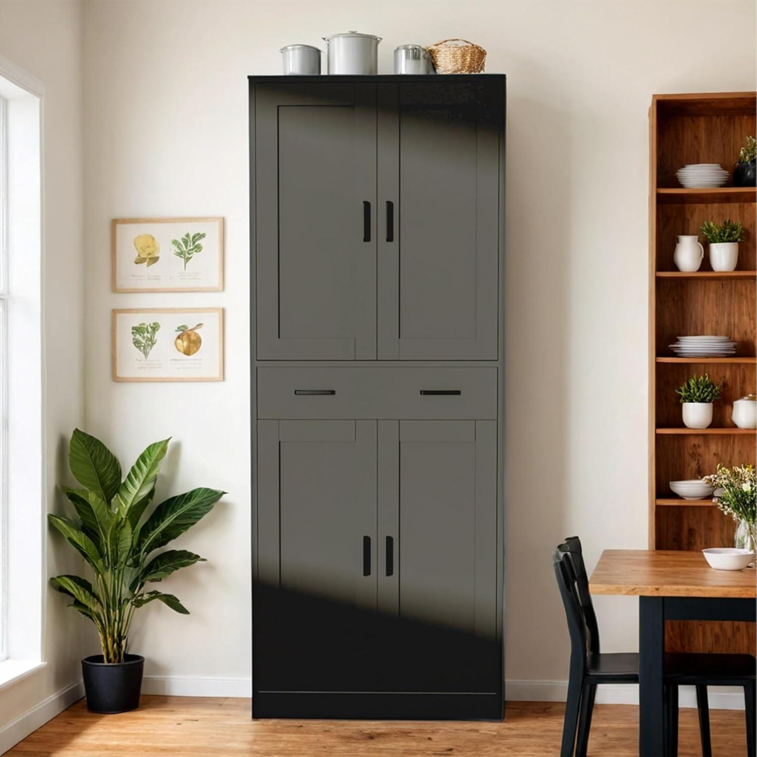 Black Tall Freestanding Kitchen Pantry Cabinet with Doors and Drawer