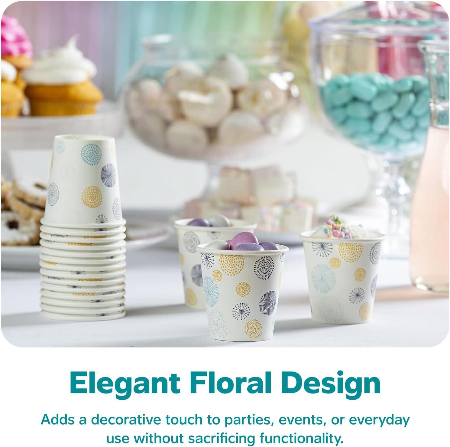 GUSTO [3 oz. - 100 Count Small Paper Cups, Disposable Mini Bathroom Mouthwash Cups - Eco-Friendly and Versatile - Floral