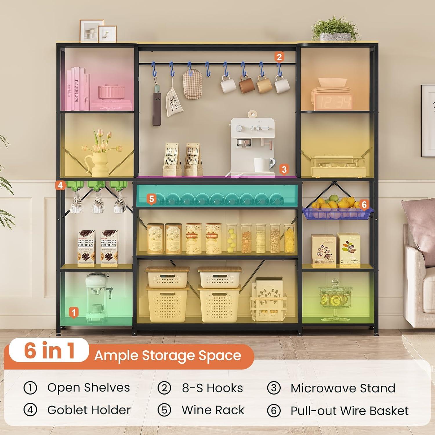 Kitchen Bakers Rack with Storage Shelves, Microwave Stand with Power Outlet and LED Light, Coffee Bar Cabinet Wire Basket Metal Grid Wine Rack Goblet Holder Hooks (Black, Small)