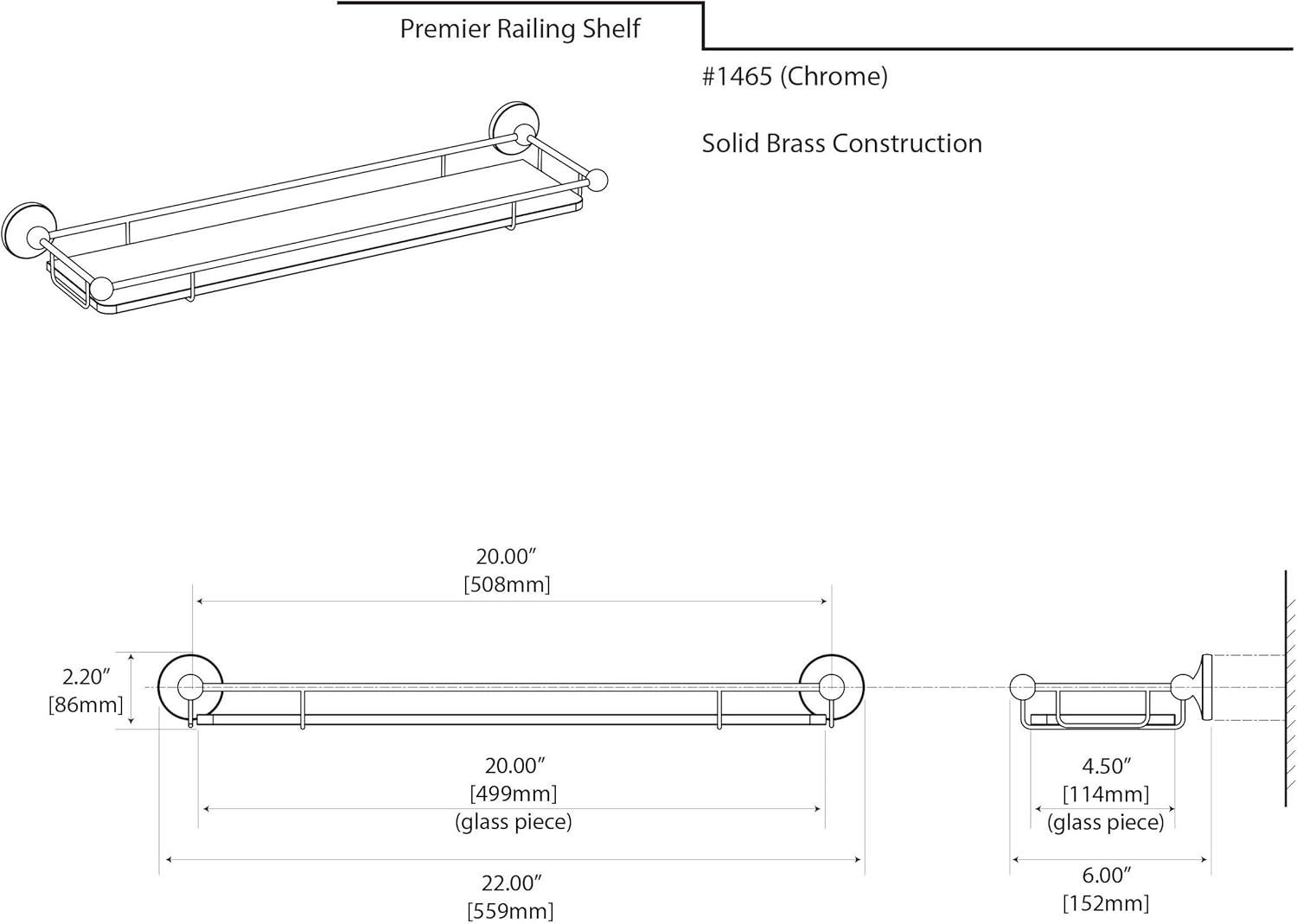 Glass Taborets Wall Mount Tempered 20"L Glass Shelf | Floating Bathroom Glass Shelf With Solid Brass Rail