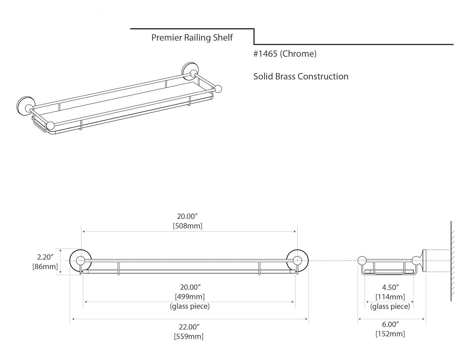 Glass Taborets Wall Mount Tempered 20"L Glass Shelf | Floating Bathroom Glass Shelf With Solid Brass Rail