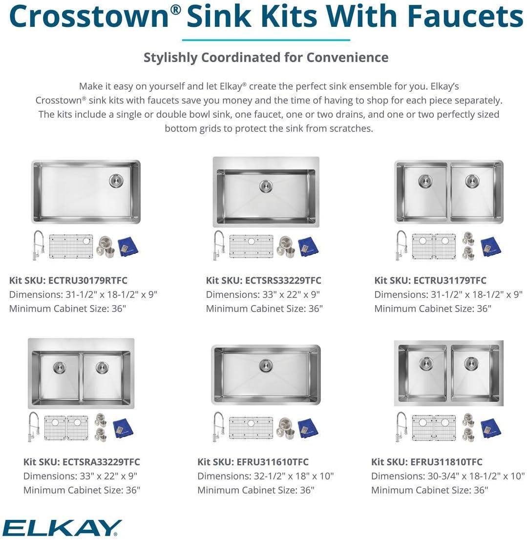 Elkay EFRU311610TFC Crosstown Stainless Steel 33" L x 18" W Undermount Kitchen Sink with Faucet