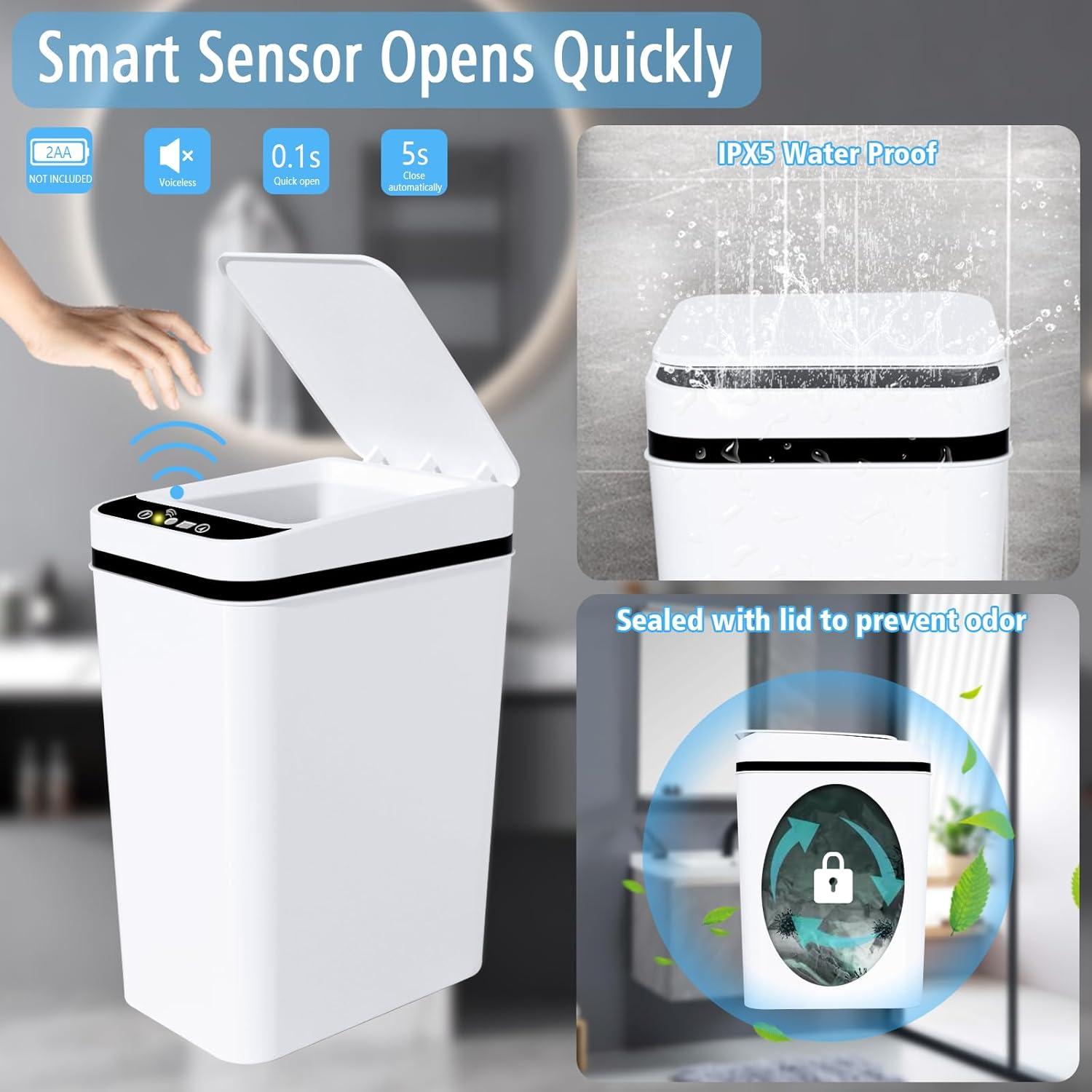 VQJTCVLY 2Pack Bathroom Small Trash Can with Lid, 2.6 Gallon Touchless Automatic Garbage Can Slim Waterproof Motion Sensor Smart Trash Bin for Bedroom, Office, Kitchen, Living Room (White)
