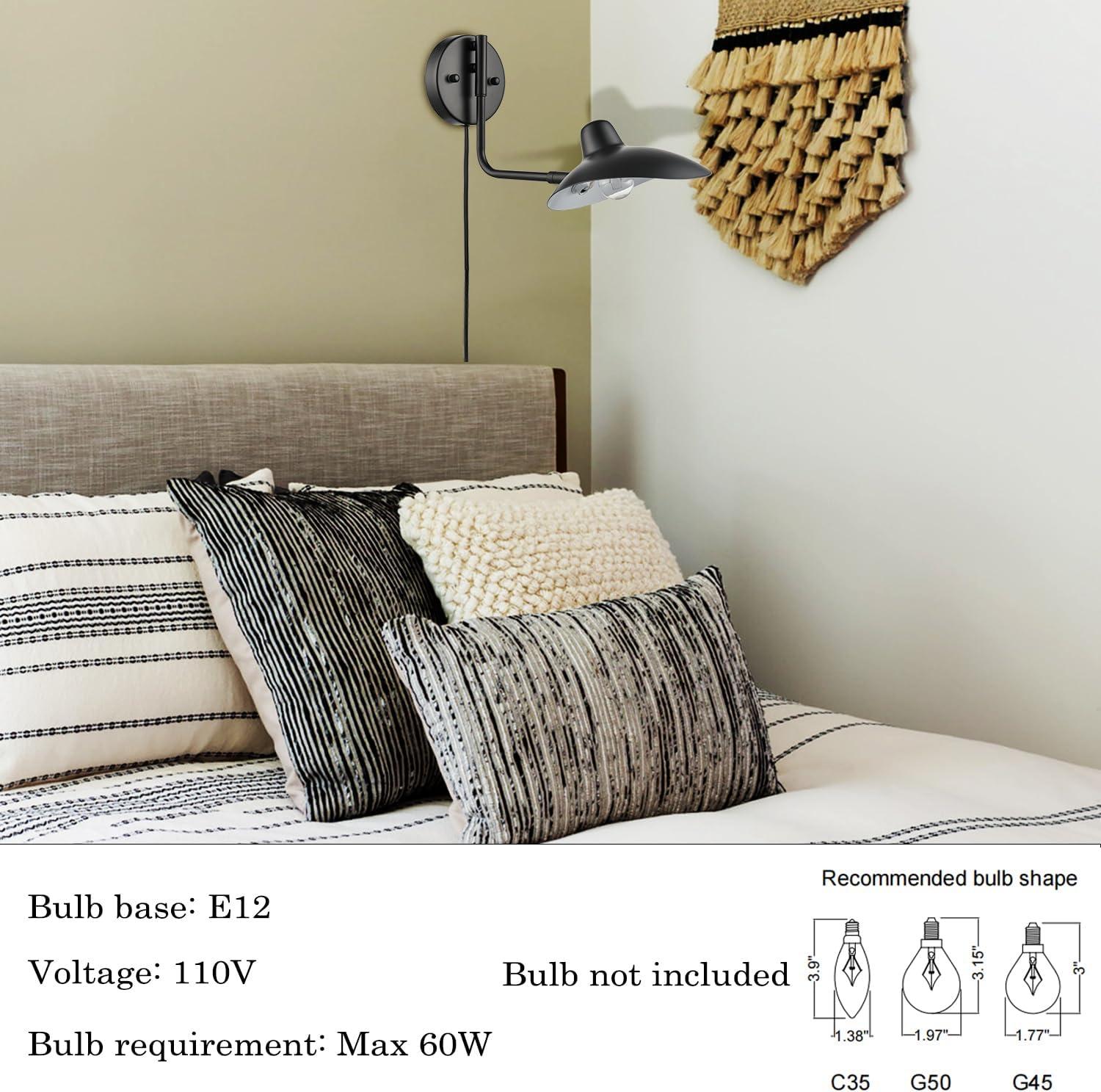 Plug in Wall Sconces Set of Two Black Swing Arm Wall Lamp with Plug-in Cord Adjustable Wall Light for Bedroom Living Room Study Room Home Office
