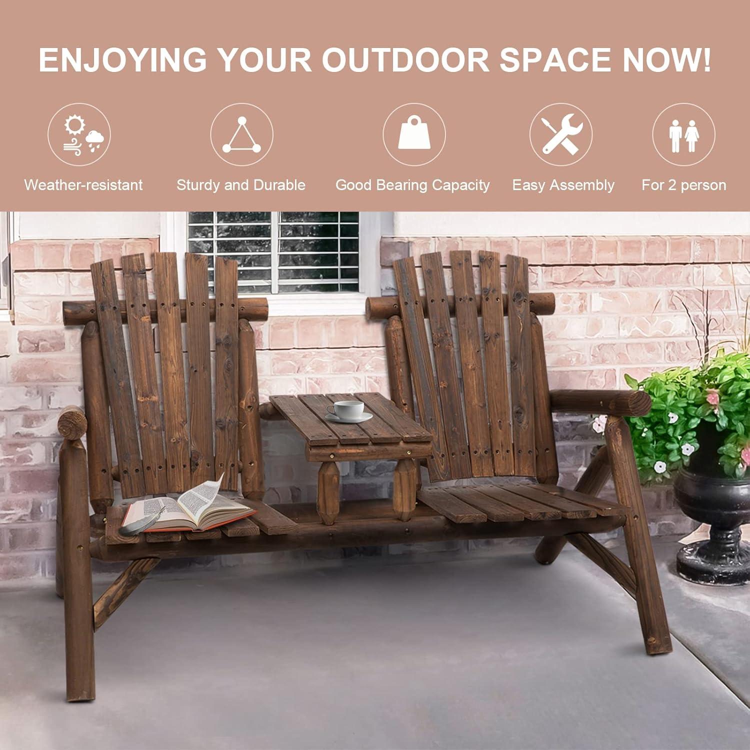 Outsunny Outdoor Wood Adirondack Bench Chair with Center Table, Brown