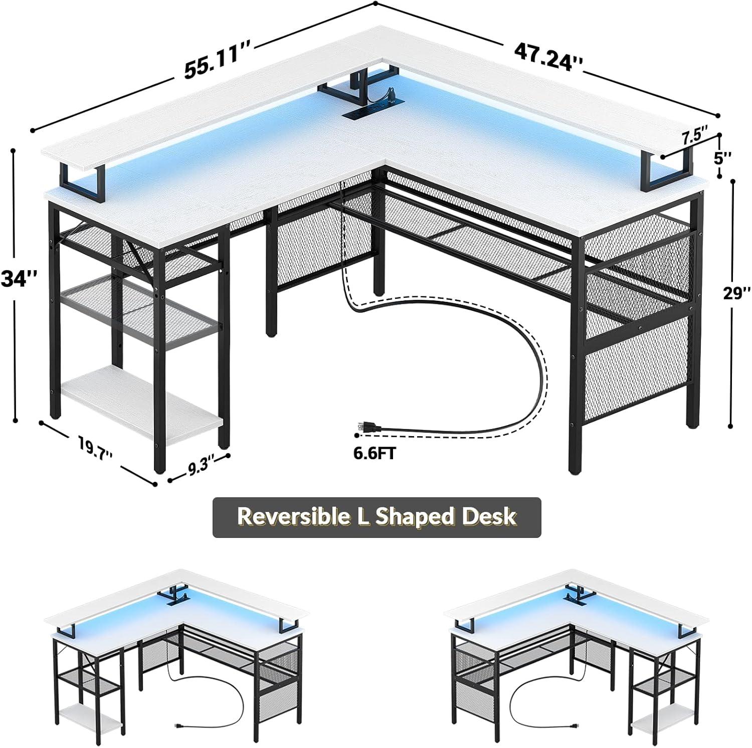 Unikito Reversible L Shaped Desk with Power Outlets and RGB LED Light, Sturdy Computer Desk with Ergonomic Monitor Stand and Storage Shelves, Corner Desk for Home Office, Easy Assembly, Black Oak
