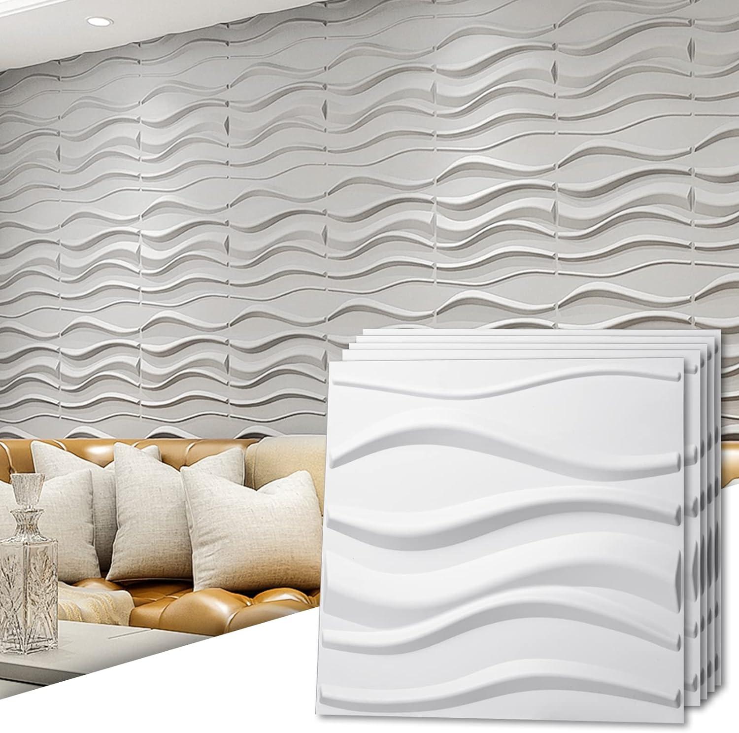 White Wavy Textured PVC 3D Wall Panels, 12-Pack, 19.7 x 19.7in