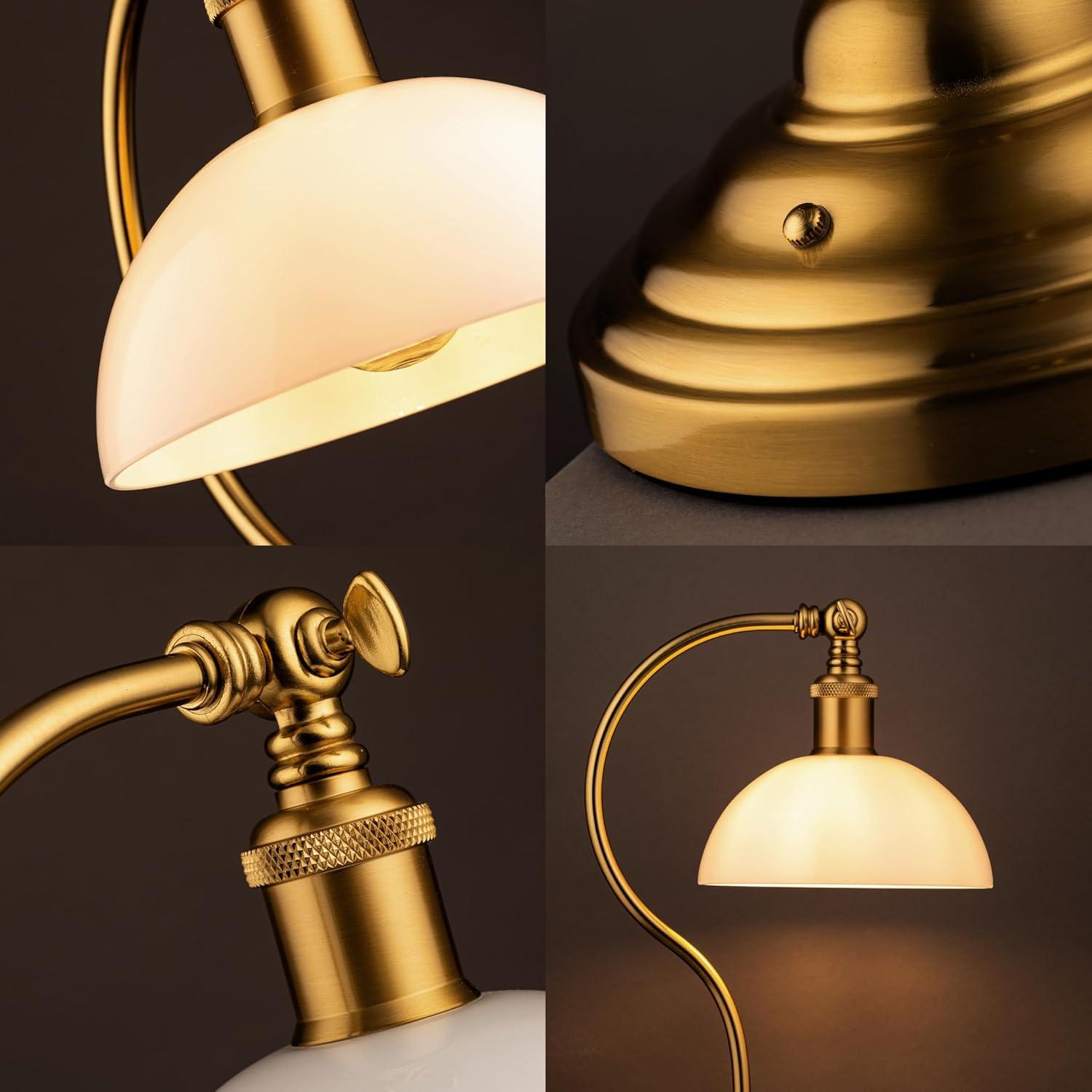 O'Bright Bankers - Cordless LED Table Lamp, Battery-Operated, Rechargeable, 3-Level Dimming, Universal USB-C Charging, 180° Swivel Head, White Jade Glass Shade, Antique Brass