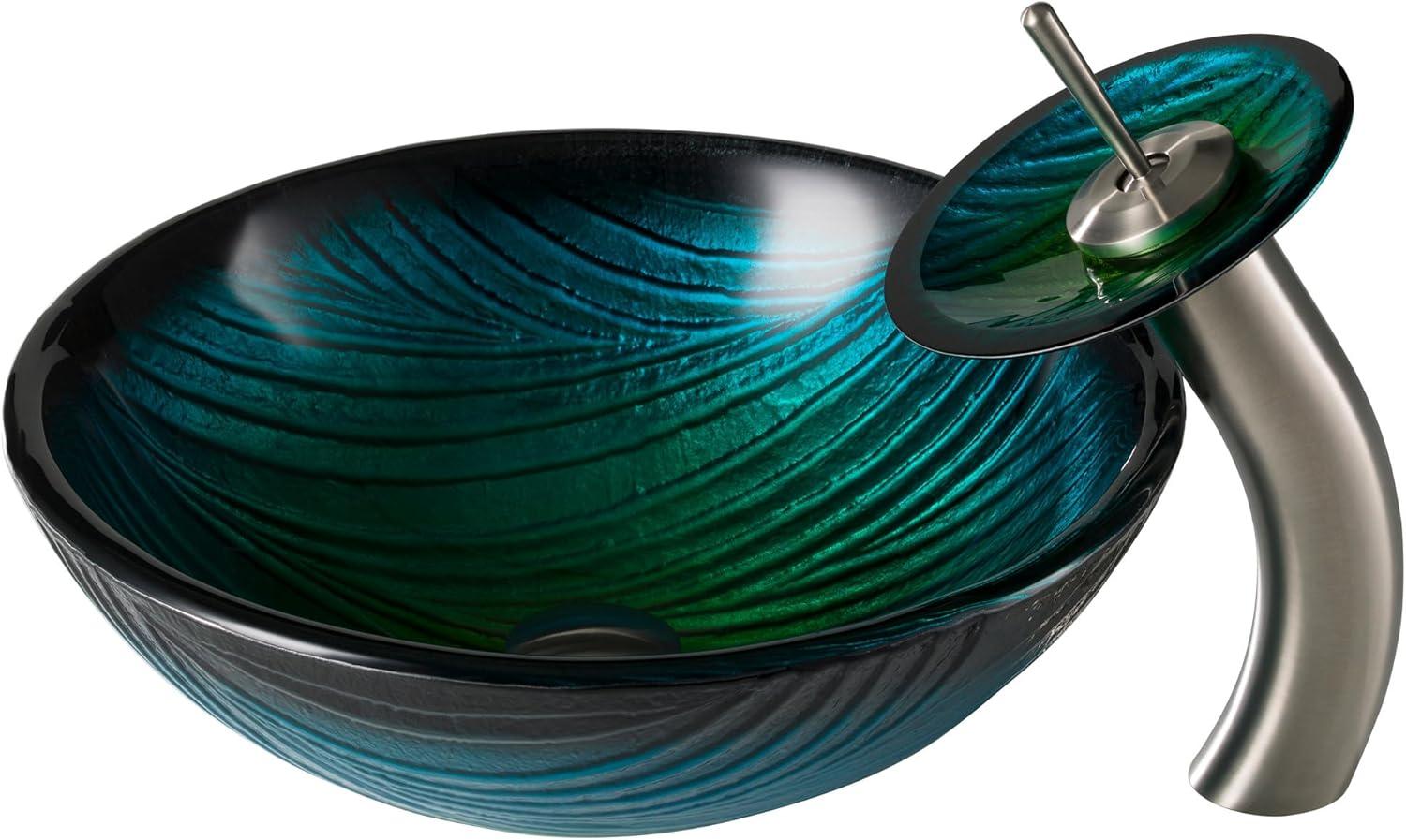 Kraus Nei Glass Bathroom Vessel Sink and Waterfall Faucet Set with Pop-Up Drain