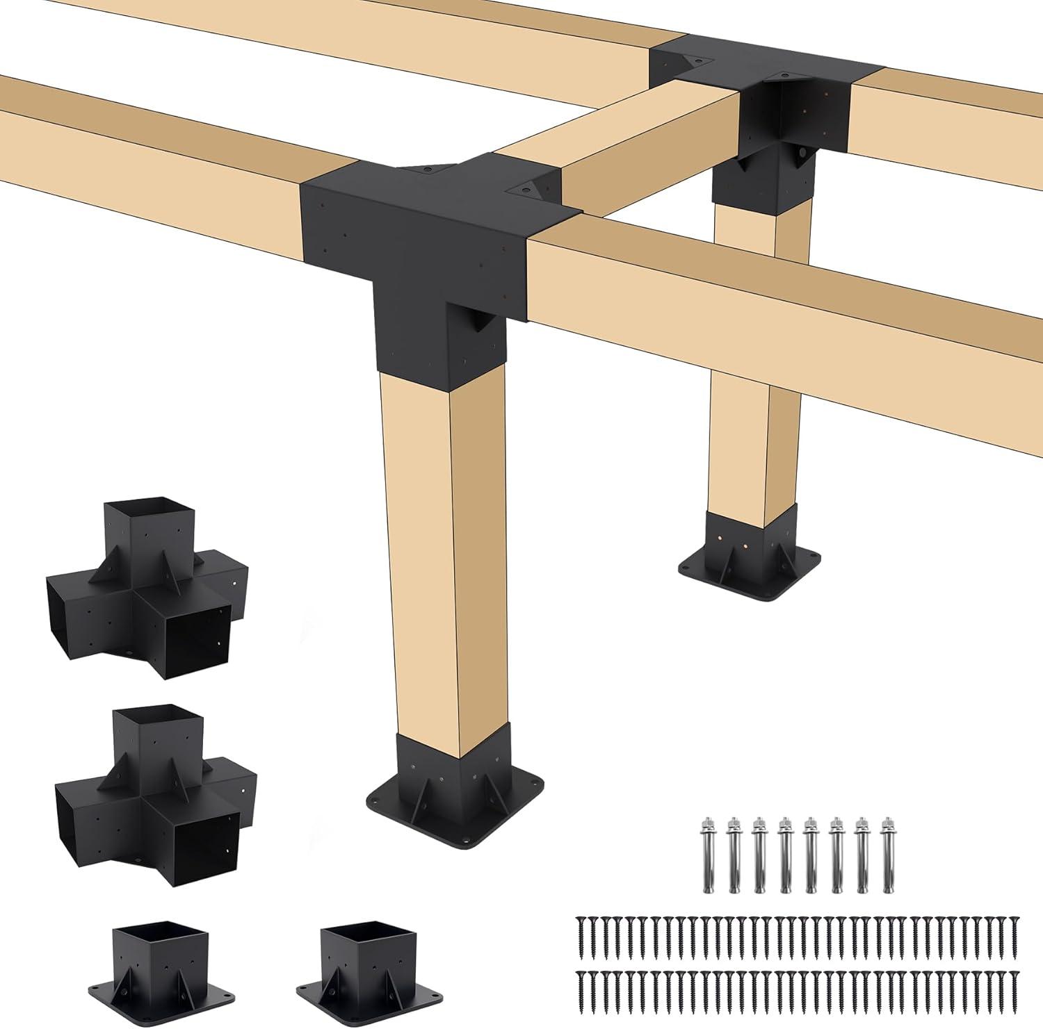 Pergola Kit Elevated Wood Stand Kit Woodwork for 4"x 4" (Actual 3.5" x 3.5"), Solid Steel Wooden Gazebo Kit for Outdoor 4-Way Right Angle Corner Bracket and Base Brackets - Includes Screws