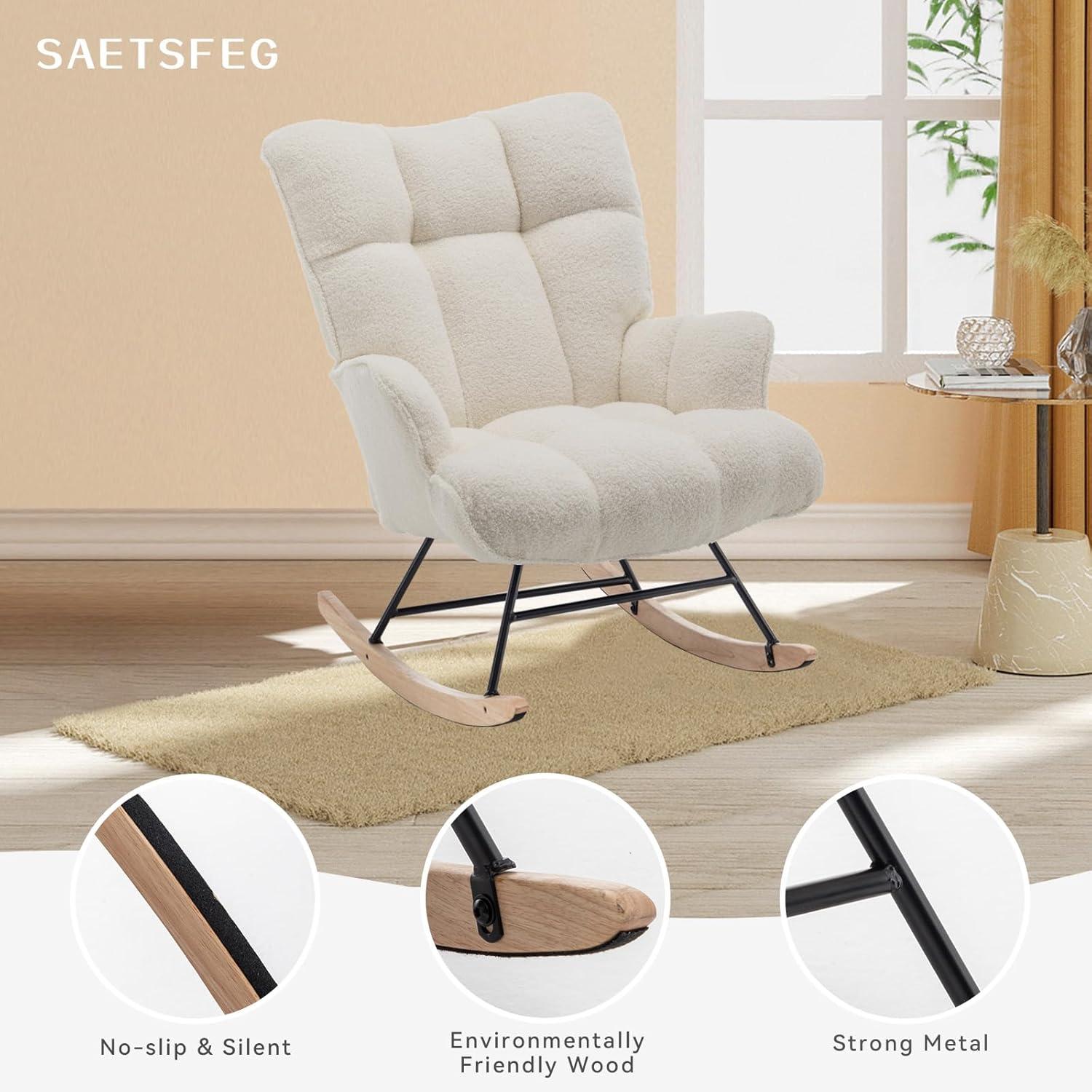 Nursery Rocking Chair Teddy, Upholstered Glider Rocker with High Backrest, Comfortable Stylish Accent Armchair with Padded Seat for Living Rooms, Bedrooms, Offices