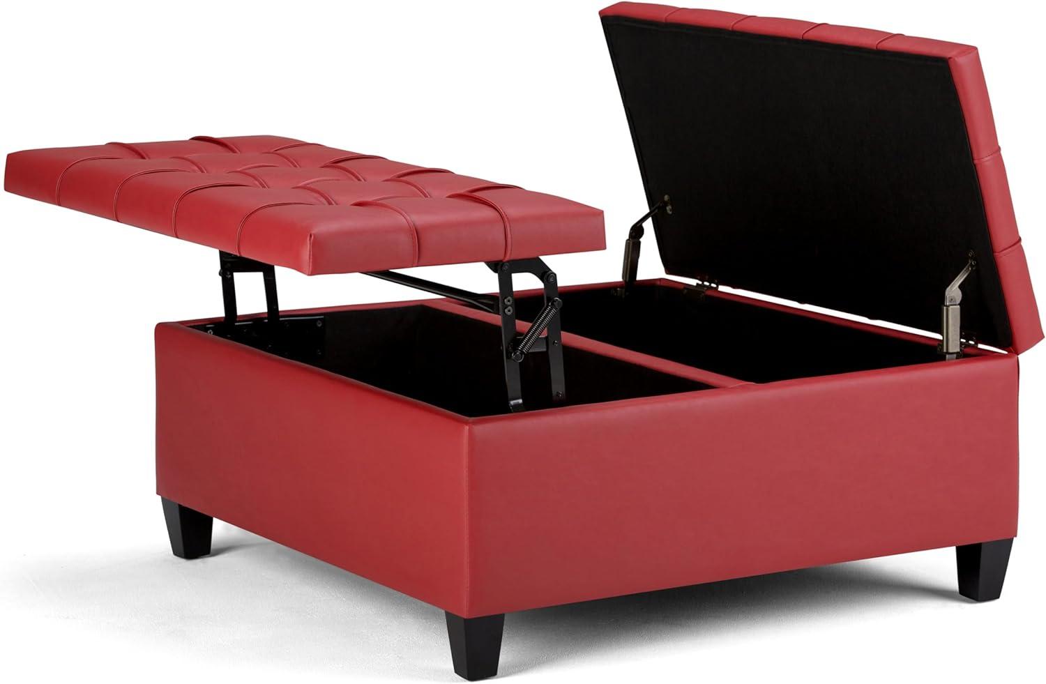 Simpli Home Harrison 36"W Upholstered Square Coffee Table Storage Ottoman with Split Lift Top