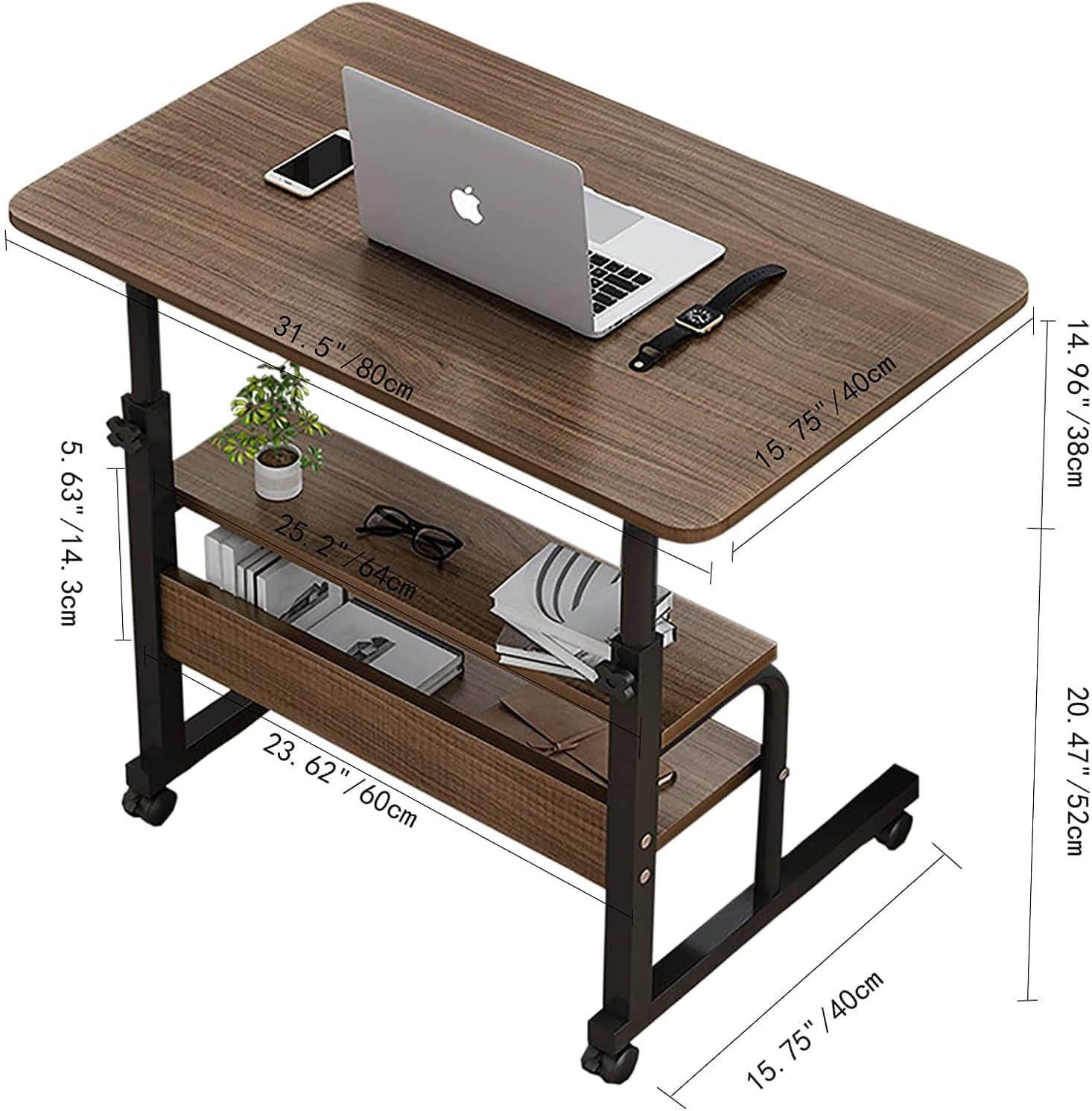 Adjustable Table Student Computer Desk Portable Home Office Furniture Small Spaces Sofa Bedroom Bedside Learn Play Game Desk on Wheels Movable with Storage Size 31.5 * 15.7 Inch Brown A