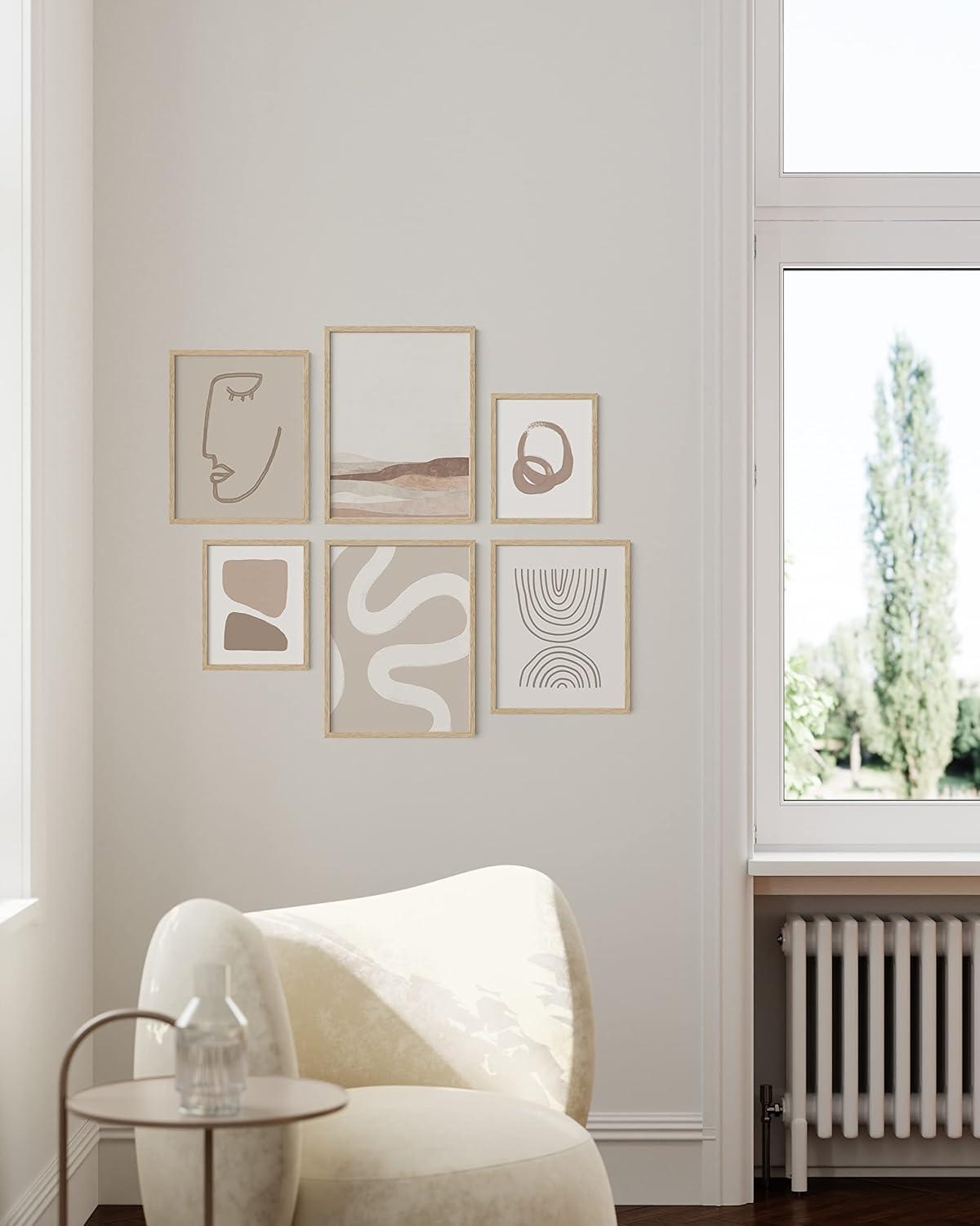 Beige and Cream Abstract Boho Art Set with Oak Frames