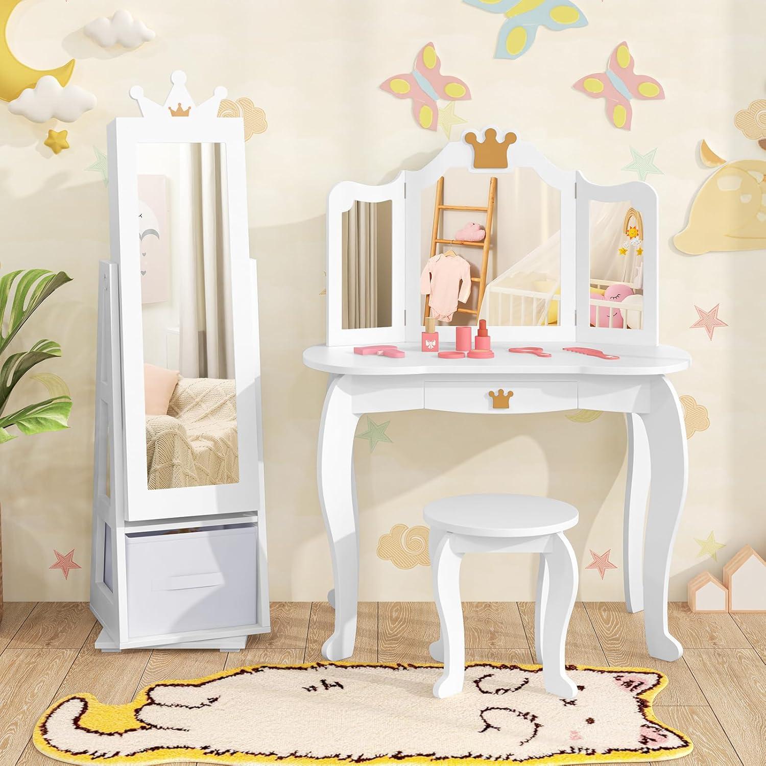 Tangkula Kids Jewelry Cabinet with Full-Length Mirror Drawer 2 Adjustable Tilt Angles White