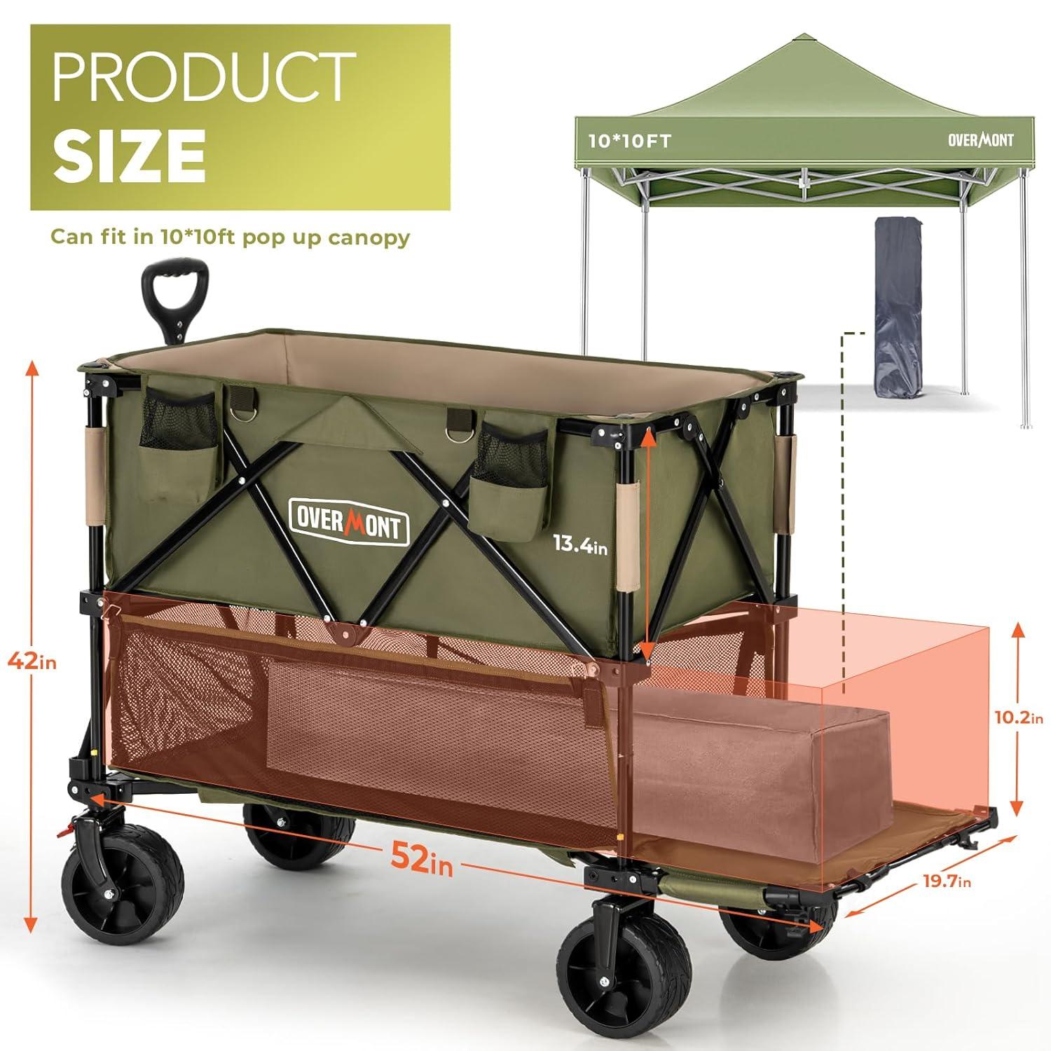 Overmont 400L Foldable Double Decker Wagon - Large Capacity Collapsible Wagon Cart- 52" Extra Long Extender - All-Terrain Big Wheels for Camping Sports School Season, Support Up to 450lbs