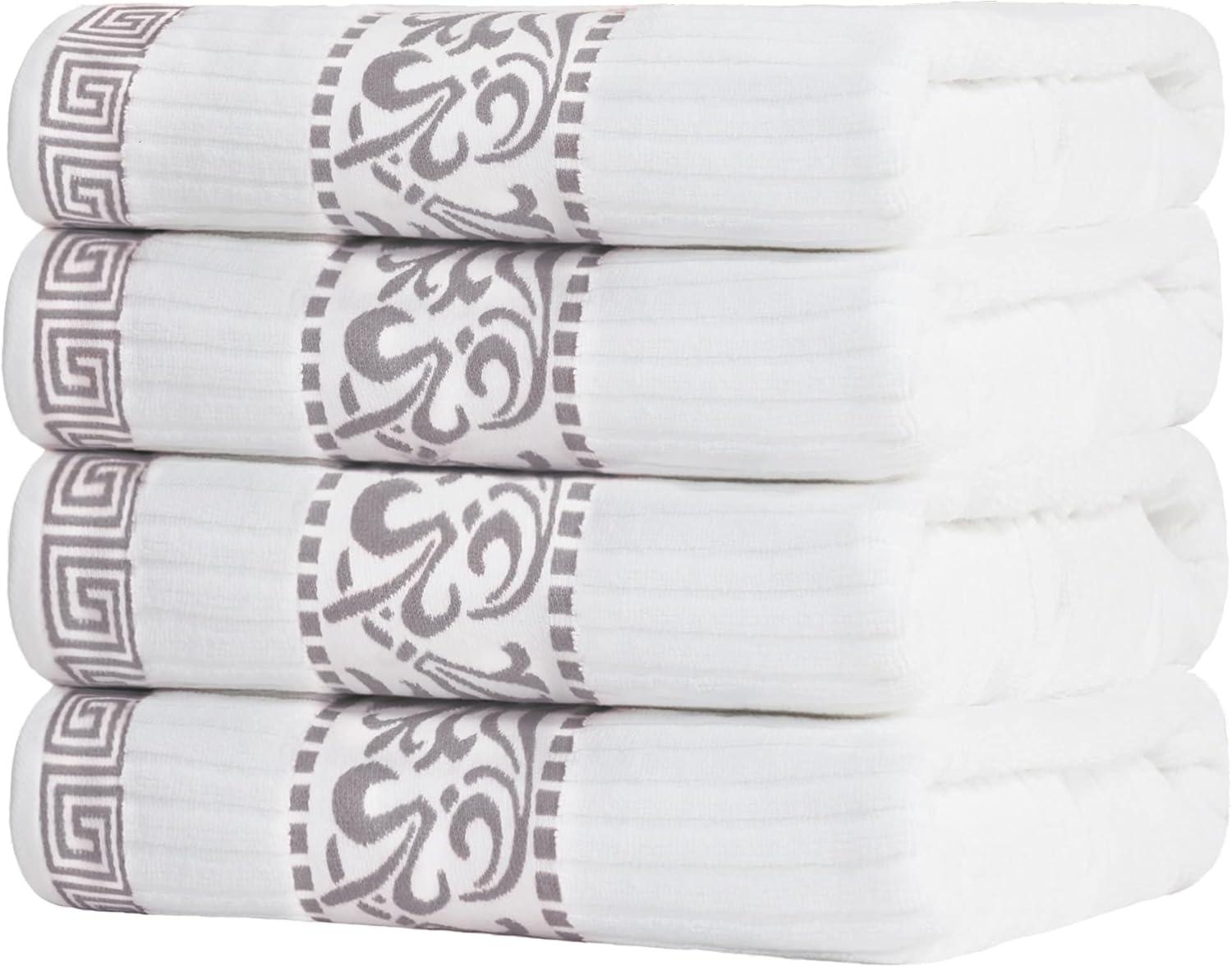 Superior Athens Cotton Greek Scroll Bath Towel Set of 4, White-Chrome