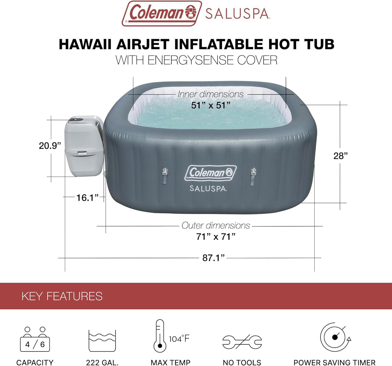 Bestway Coleman Hawaii AirJet Large Square 4 to 6 Person Inflatable Hot Tub Portable Outdoor Spa with 140 AirJets and EnergySense Cover, Grey