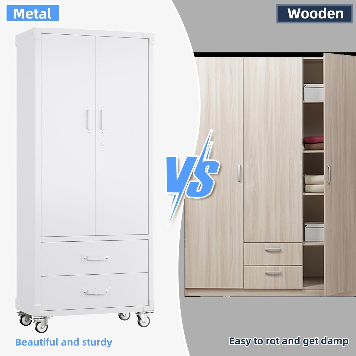 AOBABO 72 Inch Locking Metal Garage Home Office Storage Cabinet with Universal Rubber Wheels/Lockable Casters and Magnetic Doors, White
