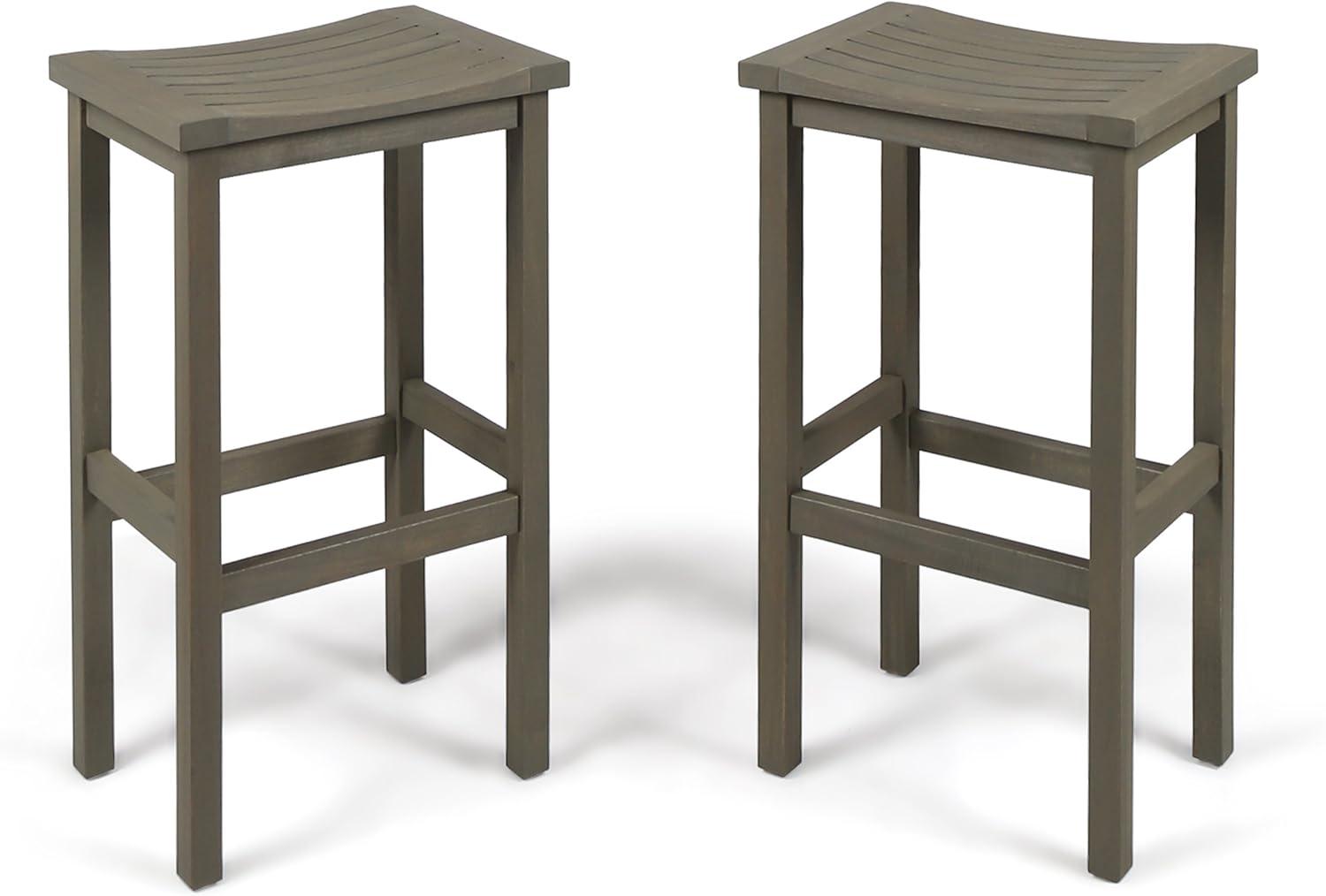 Cassie Outdoor 30 Inch Acacia Wood Barstools, Set of 2, Grey Finish