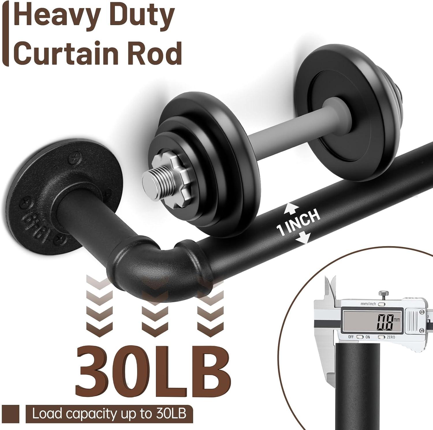66" to 120"Curtain Rods for Windows, 1 inch Industrial Curtain Rod, Adjustable Wrap Around Black Curtain Rods, Black Industrial Indoor/Outdoor Curtain Rod