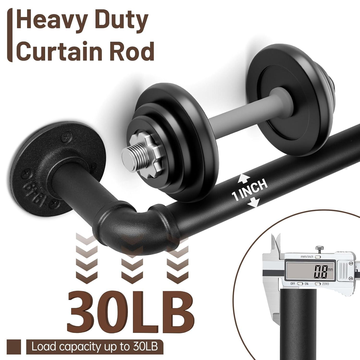 66" to 120"Curtain Rods for Windows, 1 inch Industrial Curtain Rod, Adjustable Wrap Around Black Curtain Rods, Black Industrial Indoor/Outdoor Curtain Rod
