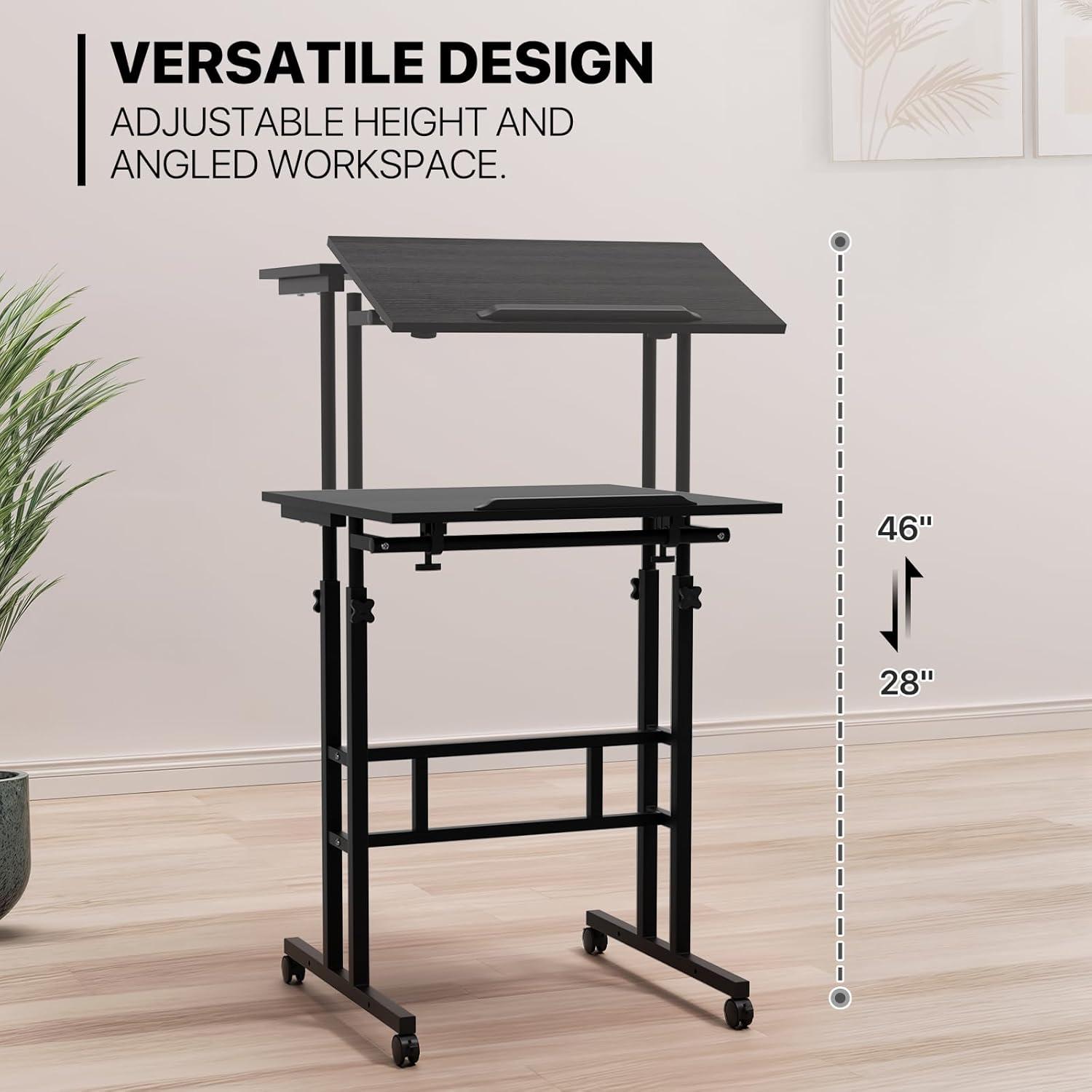 Inbox Zero Oziel Mobile Computer Desk, Adjustable Height Laptop Standing Desk with Tilting Tabletop and Monitor Shelf