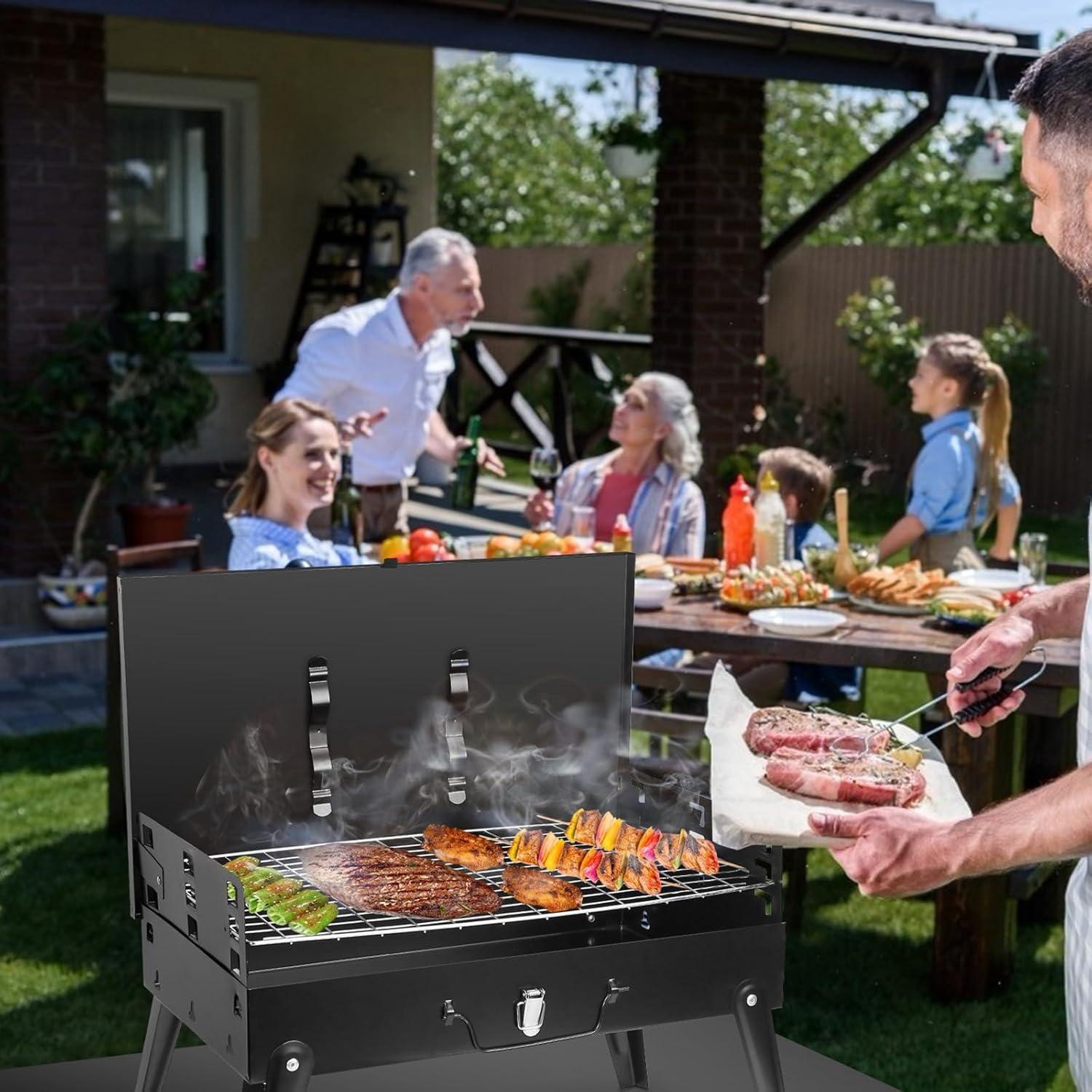 Portable Black Iron Tabletop Charcoal Grill with Lid