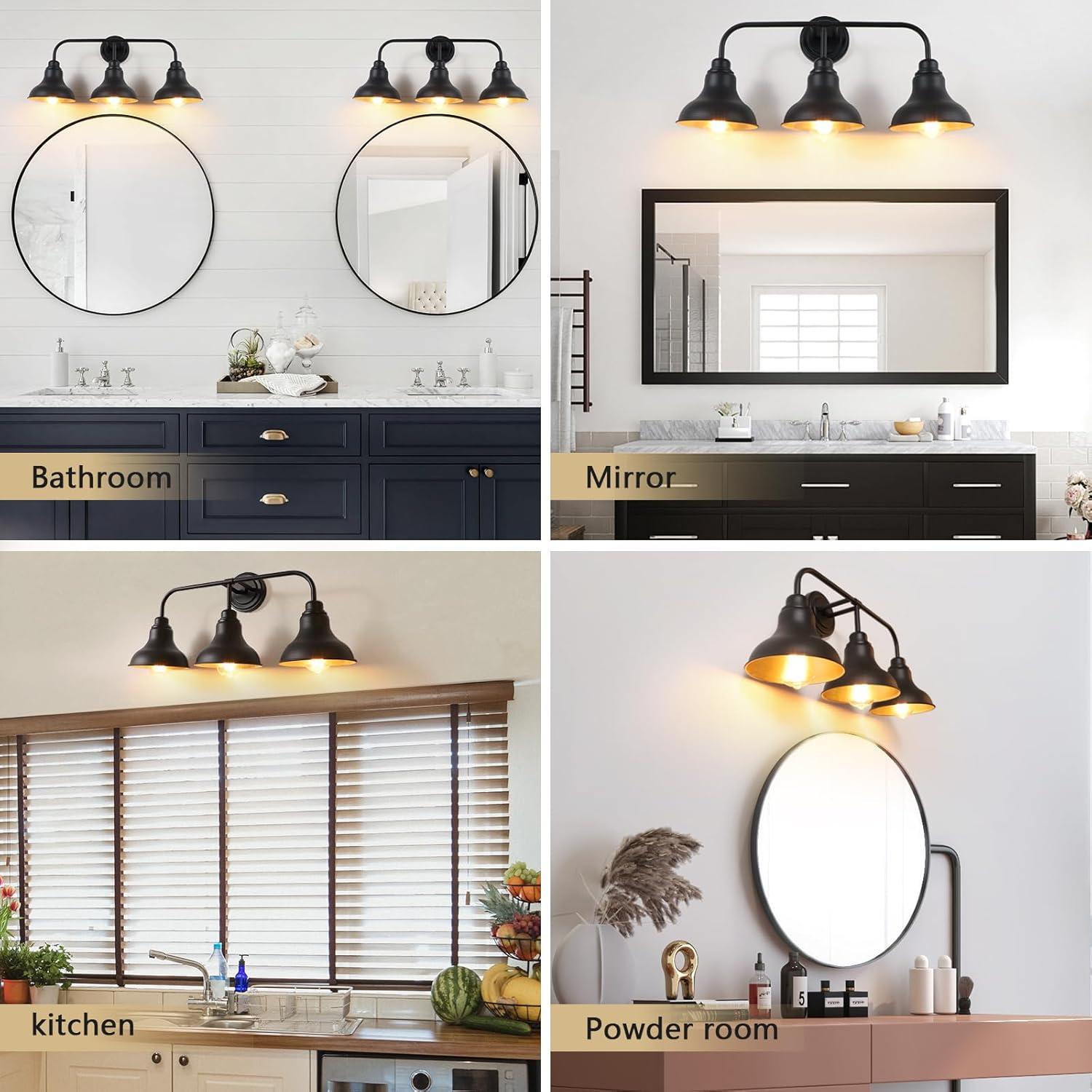 Farmhouse 25.25 in. 3-Light Black Vanity Light with Black Metal Shades