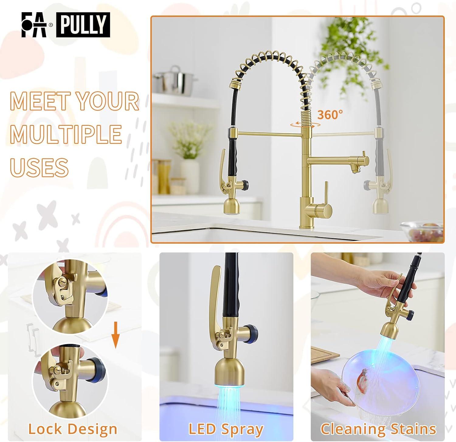 Brushed Gold High Arc Pull-Down Kitchen Faucet with LED Light