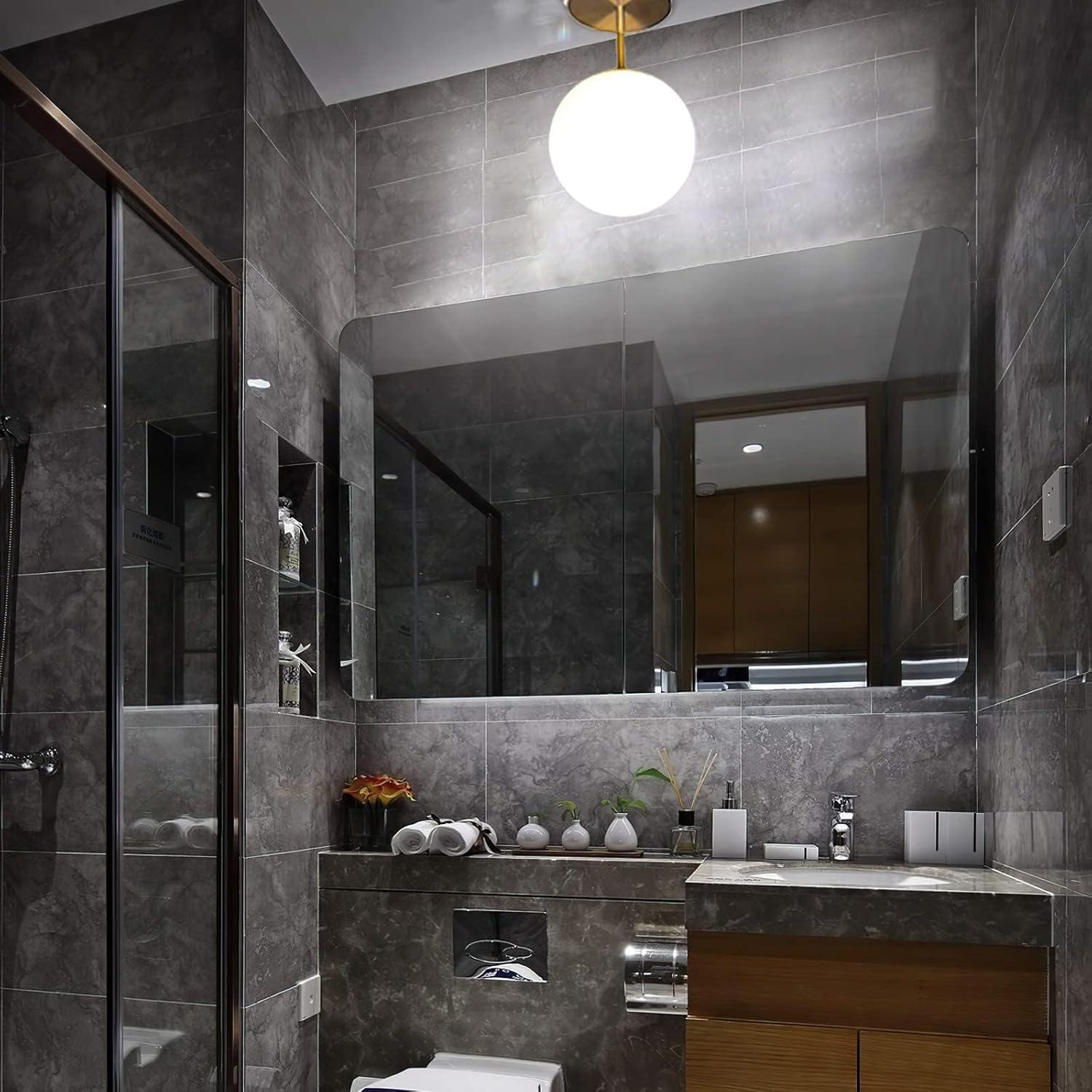 Mid Century Modern Globe Semi Flush Mount Ceiling Light Fixture Frosted Glass with Gold Brass Finish,1-Light Sphere Glass Pendant Lights for Aisle Porch Stairway Closet Kitchen Laundry Room(Bulb Incl)