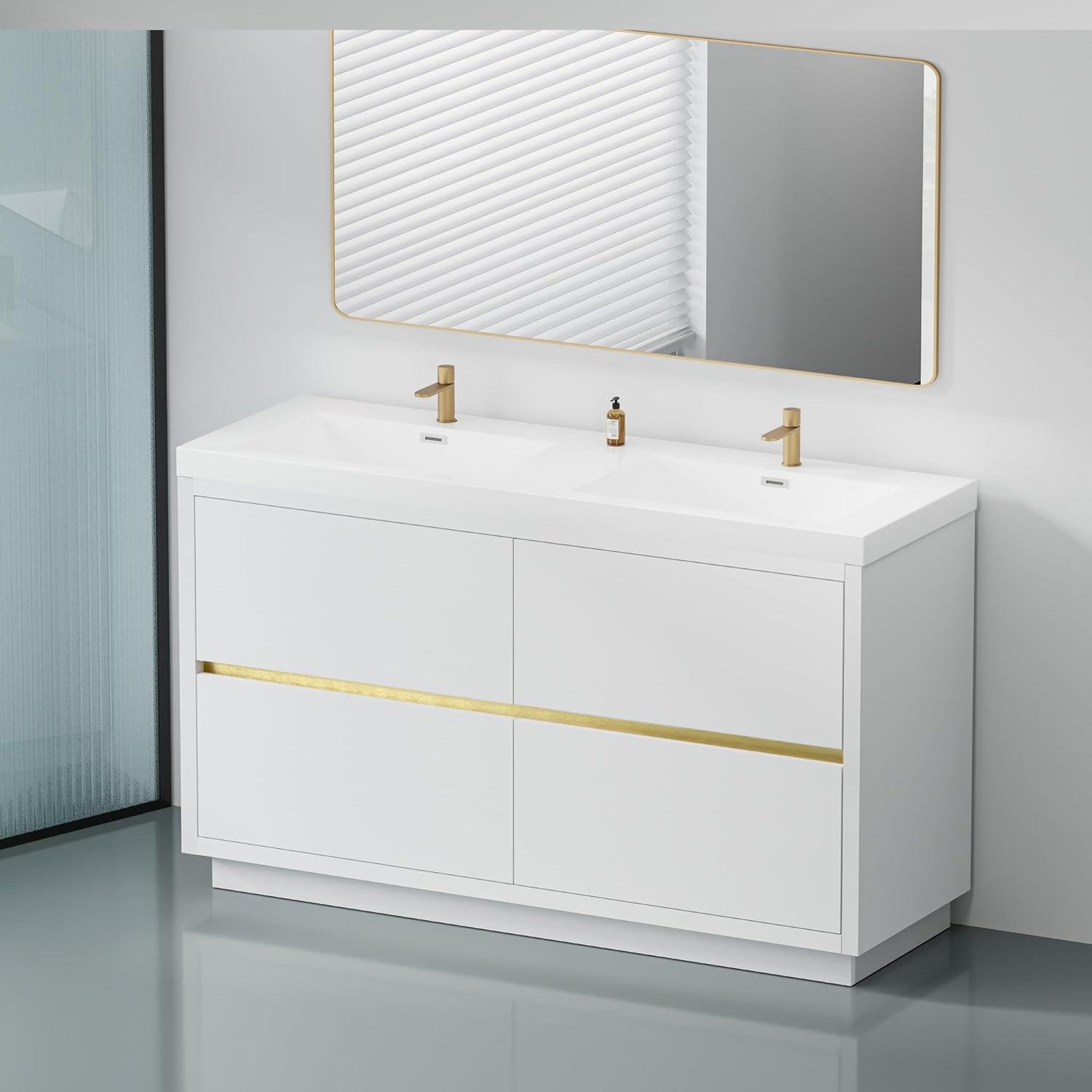 Natural Oak Freestanding Double Sink Bathroom Vanity with White Resin Countertop