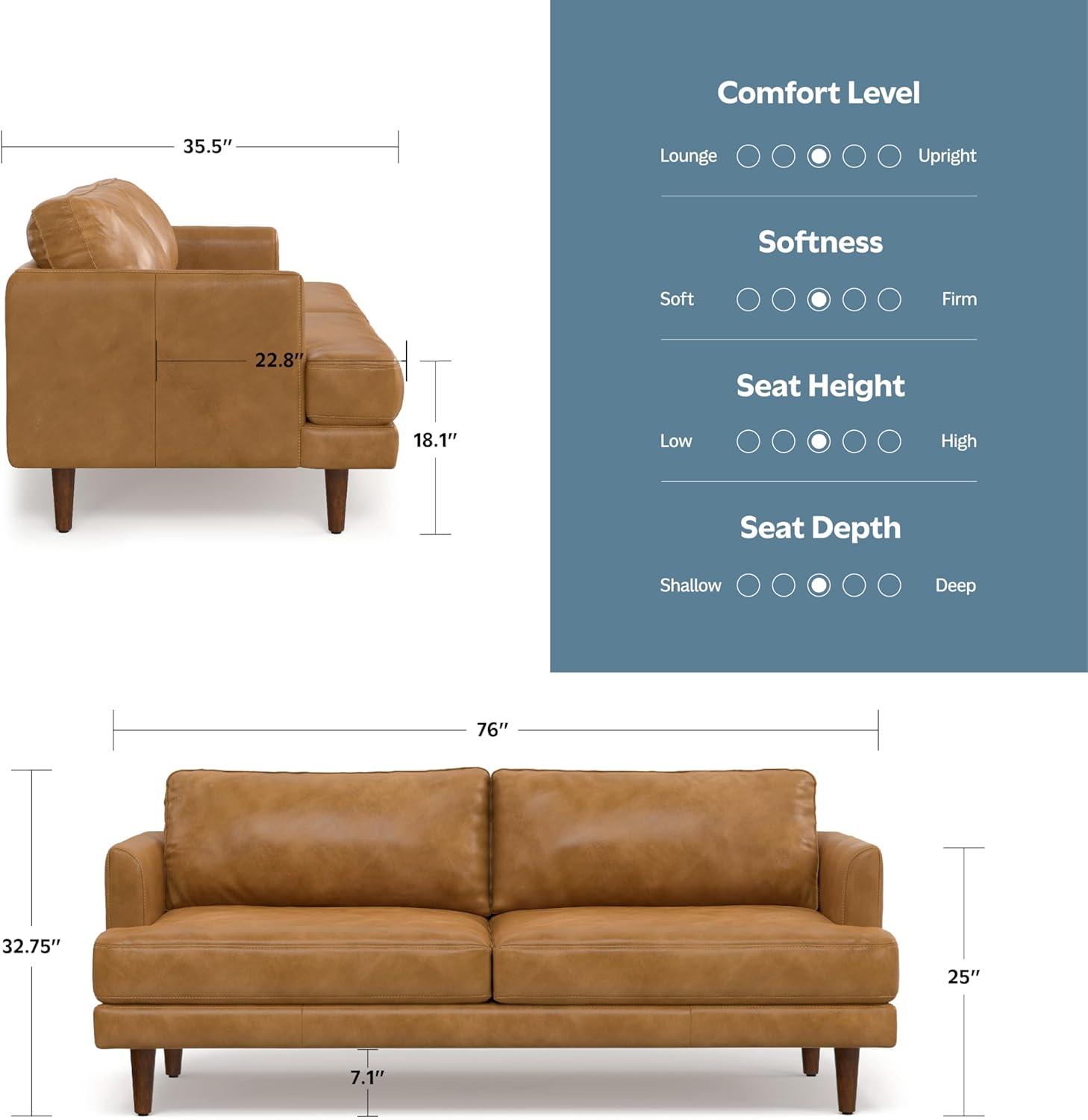 Simpli Home Livingston Genuine Leather Sofa Mid-Century Modern Couch for Living Room,Handcrafted with Removable Cushions
