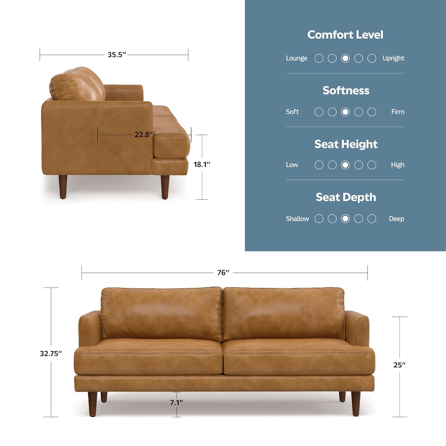 Simpli Home Livingston Genuine Leather Sofa Mid-Century Modern Couch for Living Room,Handcrafted with Removable Cushions