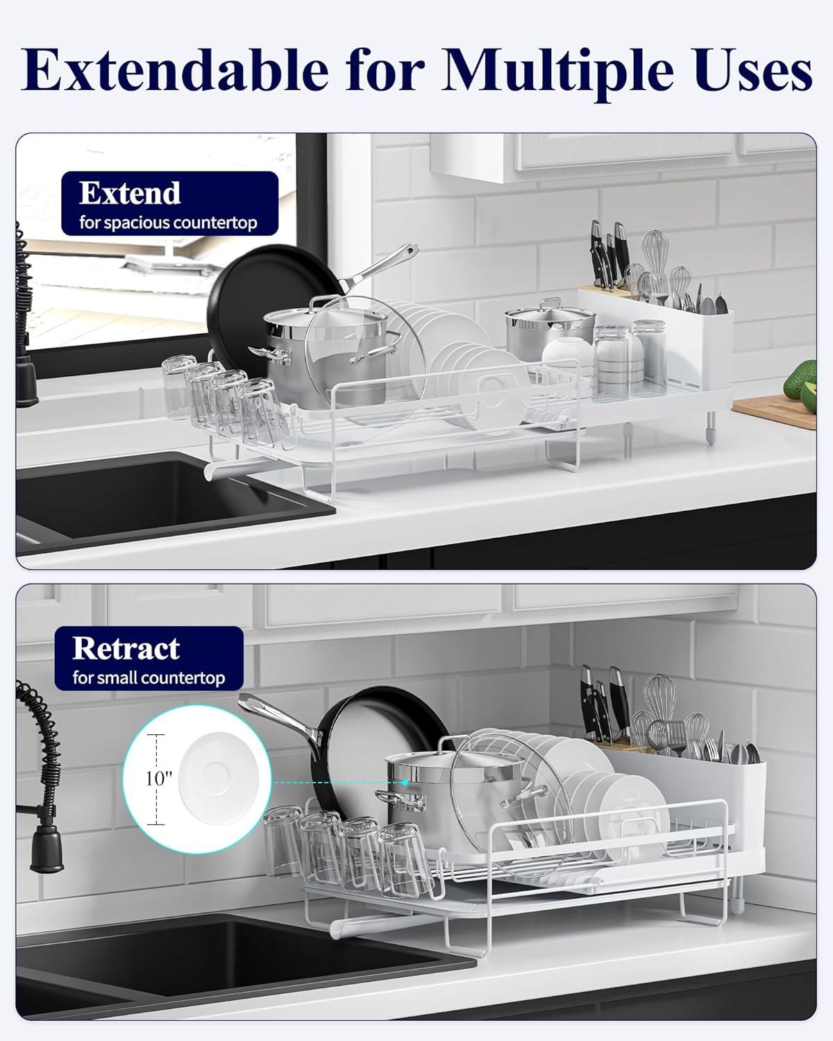 Large Dish Drying Rack - Extendable Dish Rack, Multifunctional Dish Rack for Kitchen Counter, Anti-Rust Drying Dish Rack with Cutlery & Cup Holders 19.2"-26.7" L x 12.9" W, Black