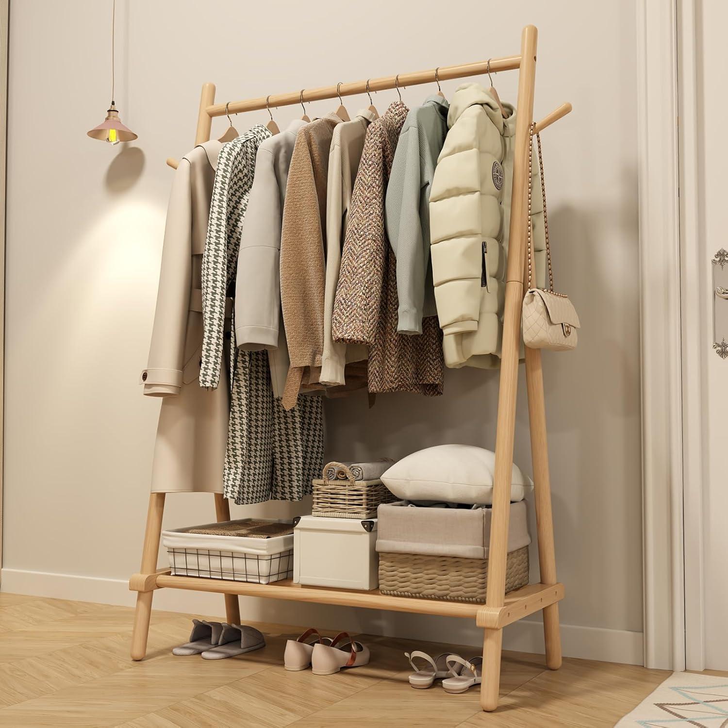 Natural Solid Wood Portable Clothing Rack with Shelf and Hook