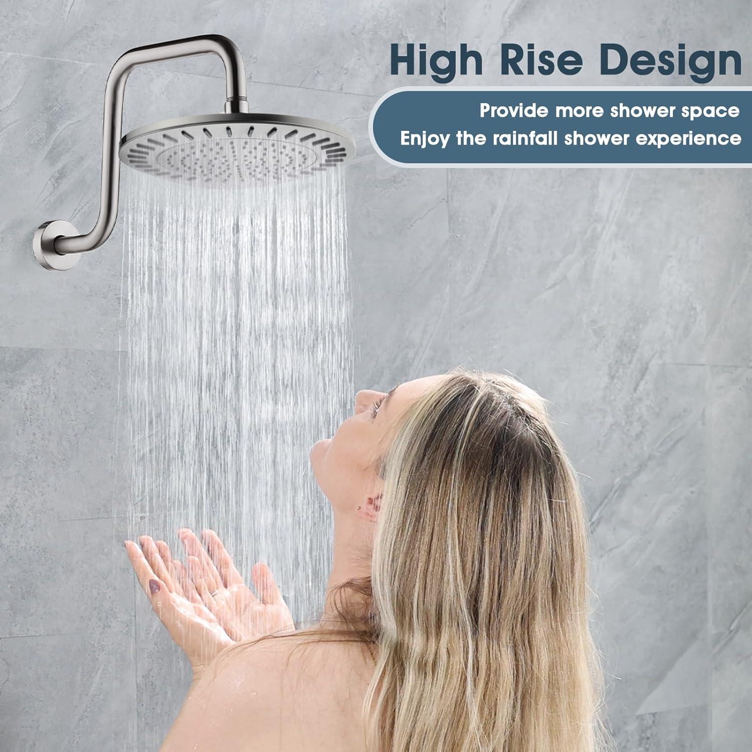 BRIGHT SHOWERS 13 Inch Shower Head Extension Arm with Flange S Shaped High Rise Extender, Long Stainless Steel Rainfall Shower Head Pipe Arm, Brushed Nickel