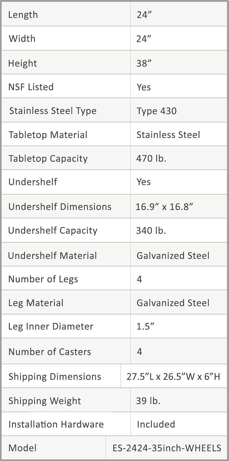 AmGood 24" Long x 24" Deep Stanless Steel Work Table with Casters | Mobile Metal Table