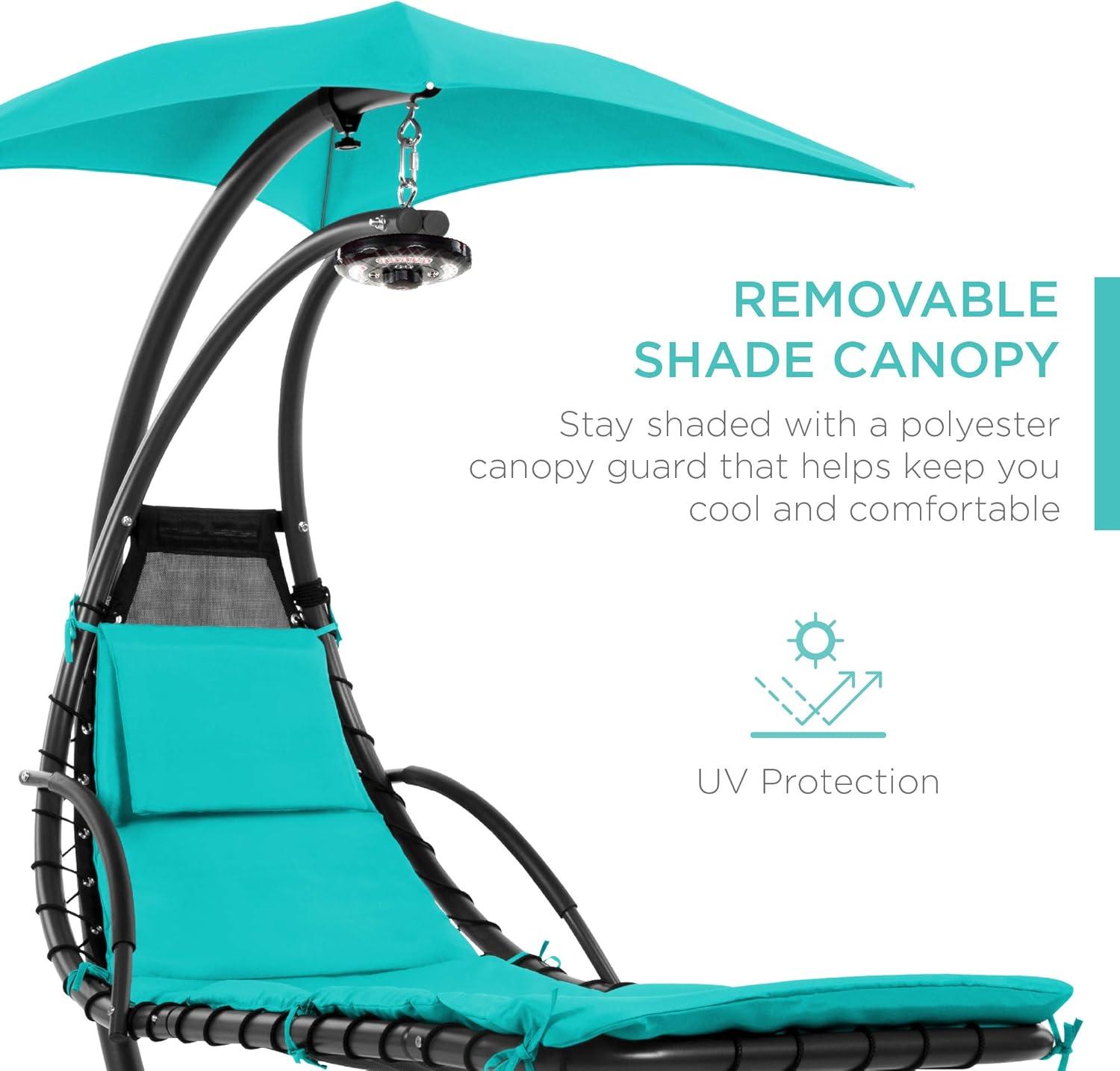 Best Choice Products Hanging LED-Lit Curved Chaise Lounge Chair for Backyard, Patio w/ Pillow, Canopy, Stand - Teal