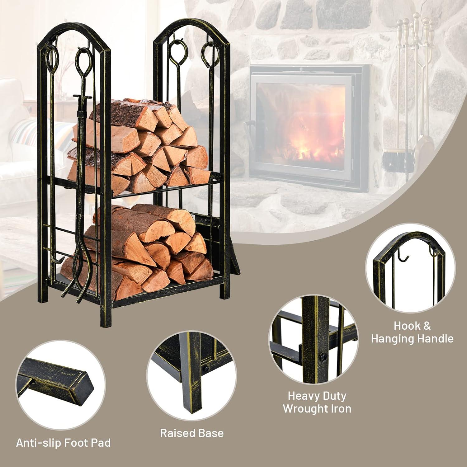 Kadyn Fire Wood Storage Racks, Firewood Holder,Firewood Frame,Firewood Shelf,Fireplace Log Rack with 4 Pieces Fireplace Tools-Bronze