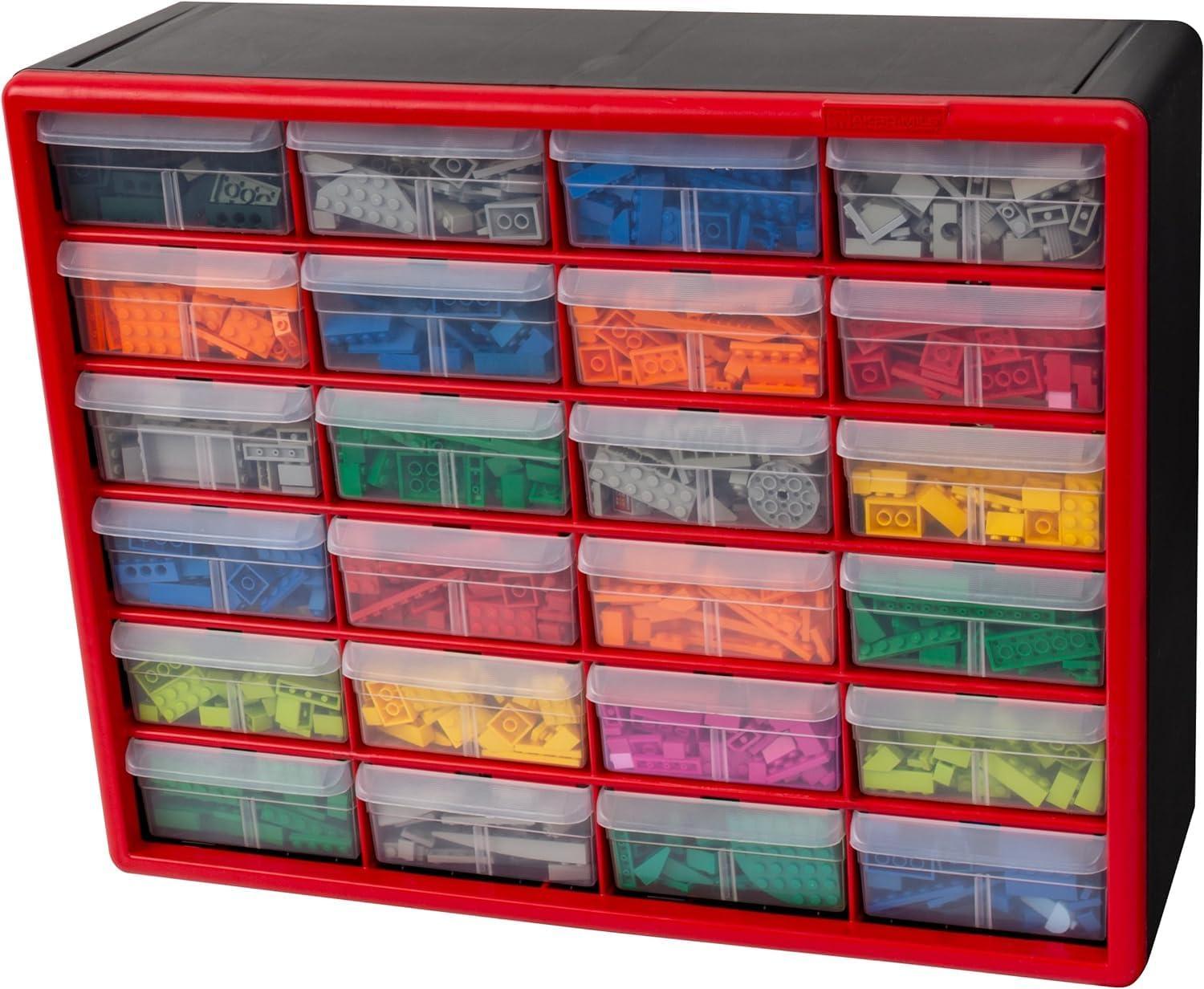 Akro-Mils 24 Drawer Plastic Cabinet Storage Organizer with Drawers for Hardware, Small Parts, Craft Supplies, Red