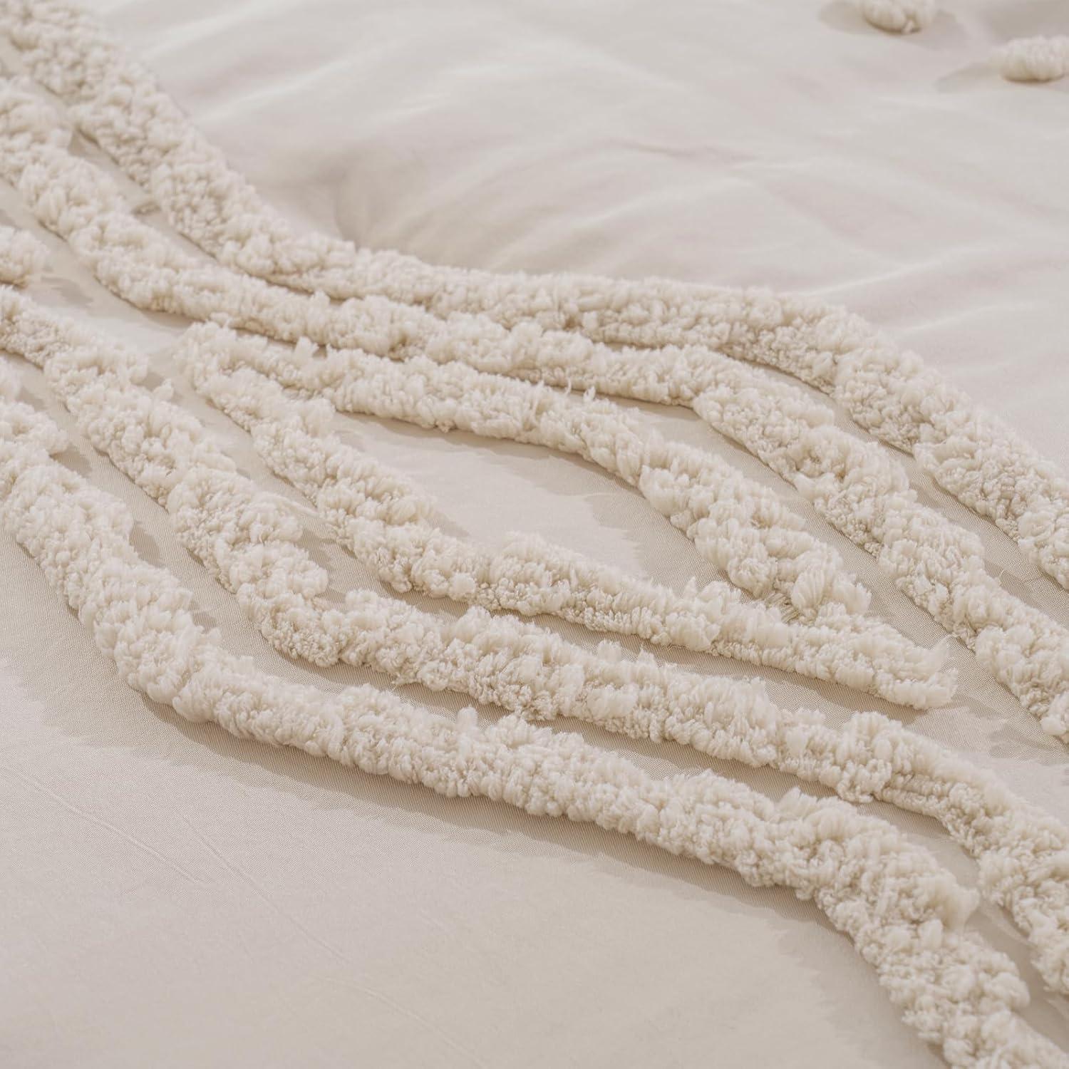 Beige Tufted Boho Queen Comforter Set with Pom Pom Accents