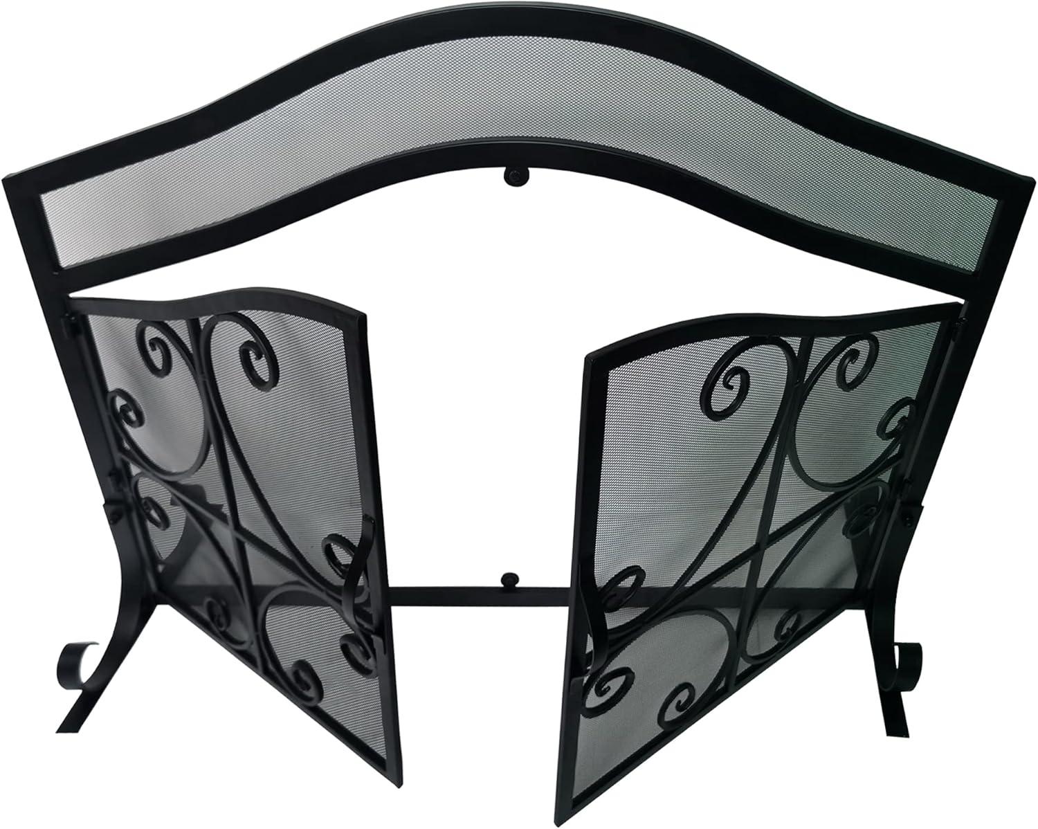 The Urban Port UPT-232048 43 in. Mesh Design Scrollwork 2 Door Iron Fireplace Screen, Black