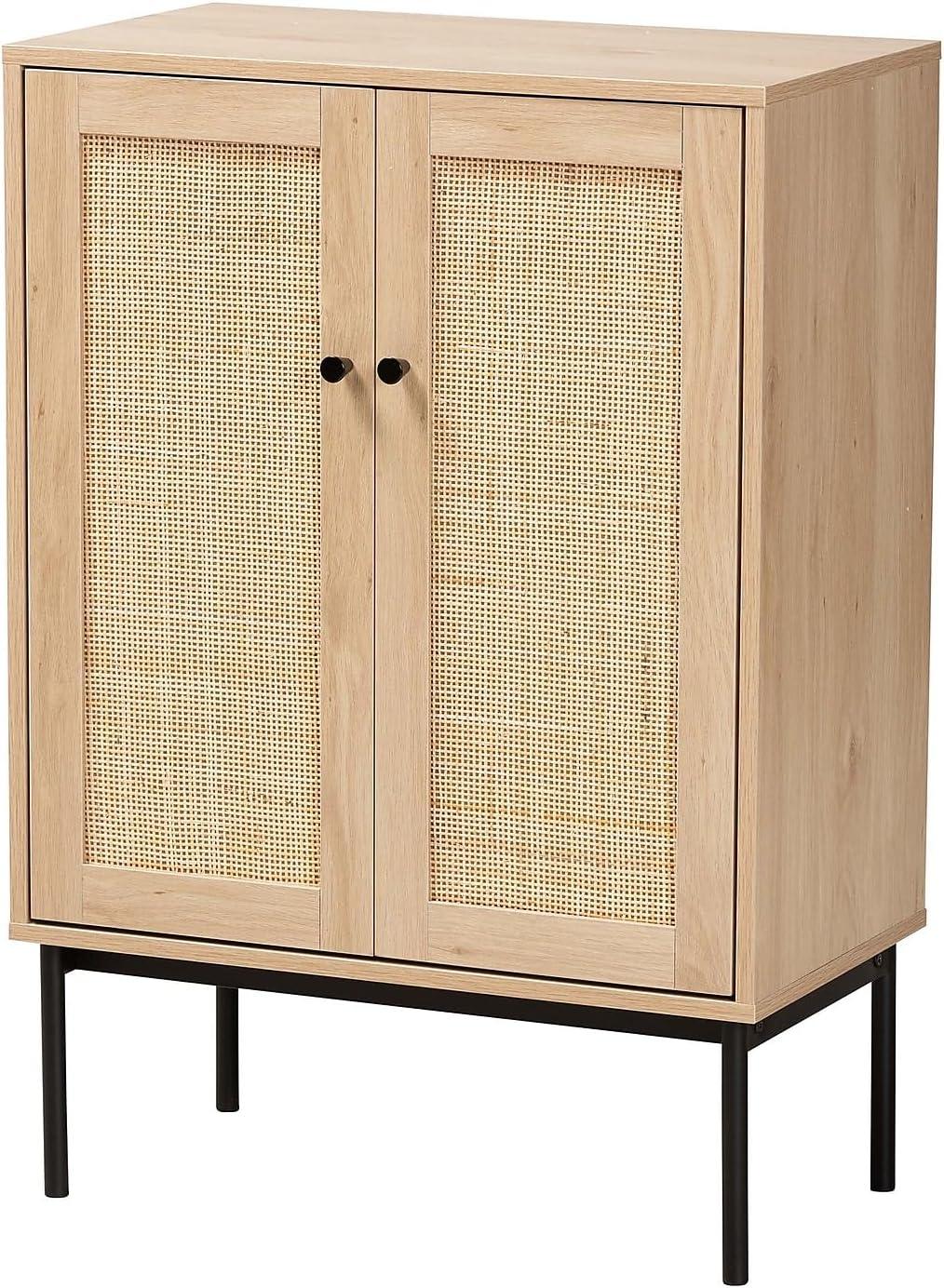 Sherwin 2 Door Storage Cabinet with Woven Rattan Accent Light Brown/Black - Baxton Studio: Mid-Century, Metal Base, Wood Frame